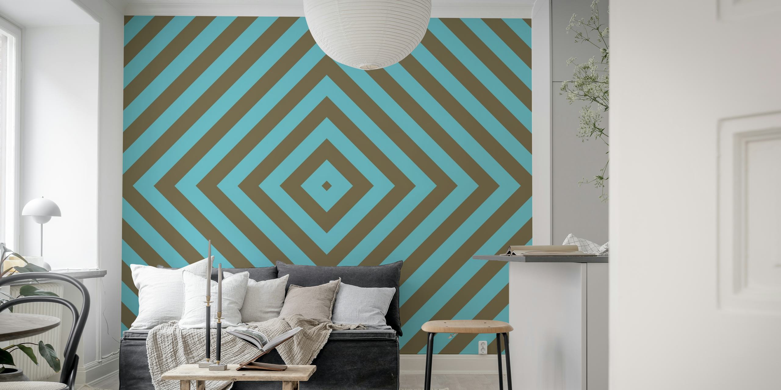 Square Illusion Geometric Stripes vægmaleri med blågrønne og brune nuancer
