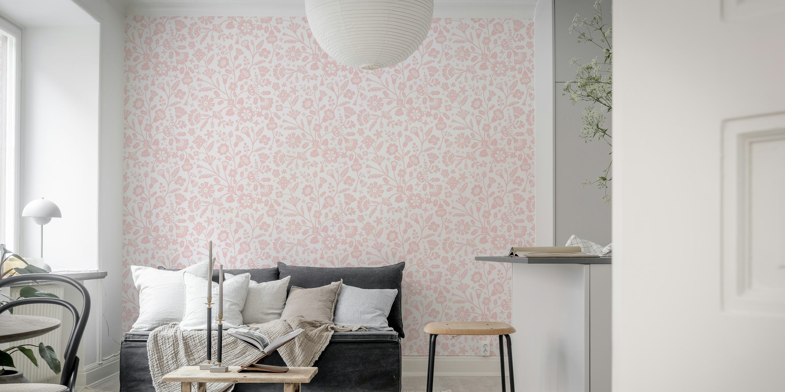 Folk Art Flowers in light pink wallpaper design