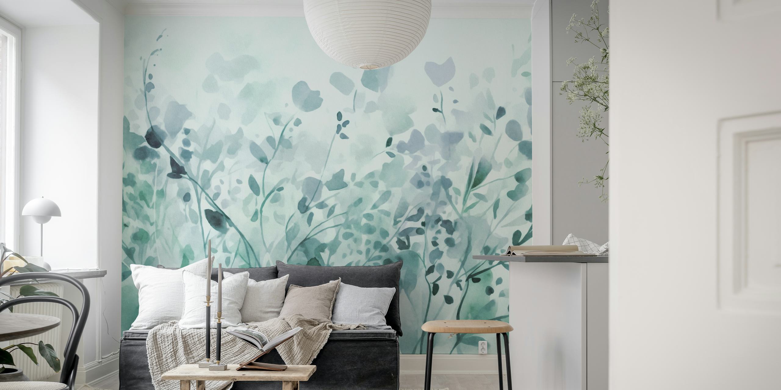 Teal watercolor floral design with leaves and stems wallpaper