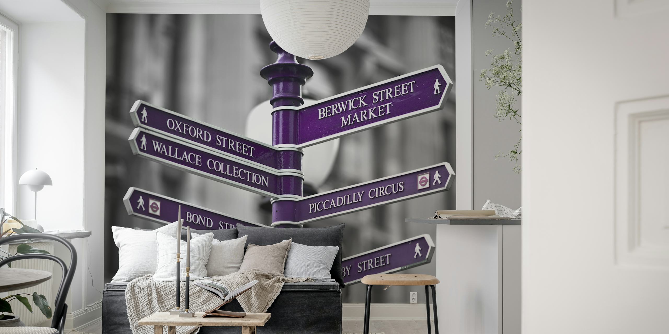 Purple street sign design with directional arrows and black and white background wallpaper