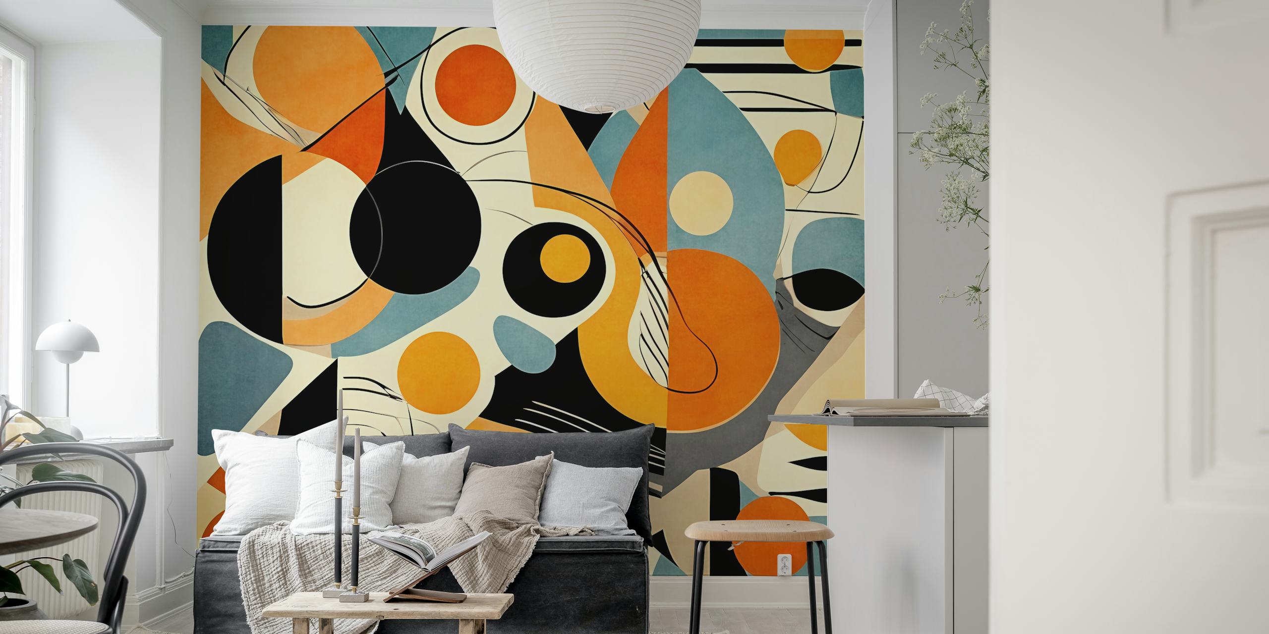 Abstract geometric wall mural with a mix of orange, blue, black, and cream colors