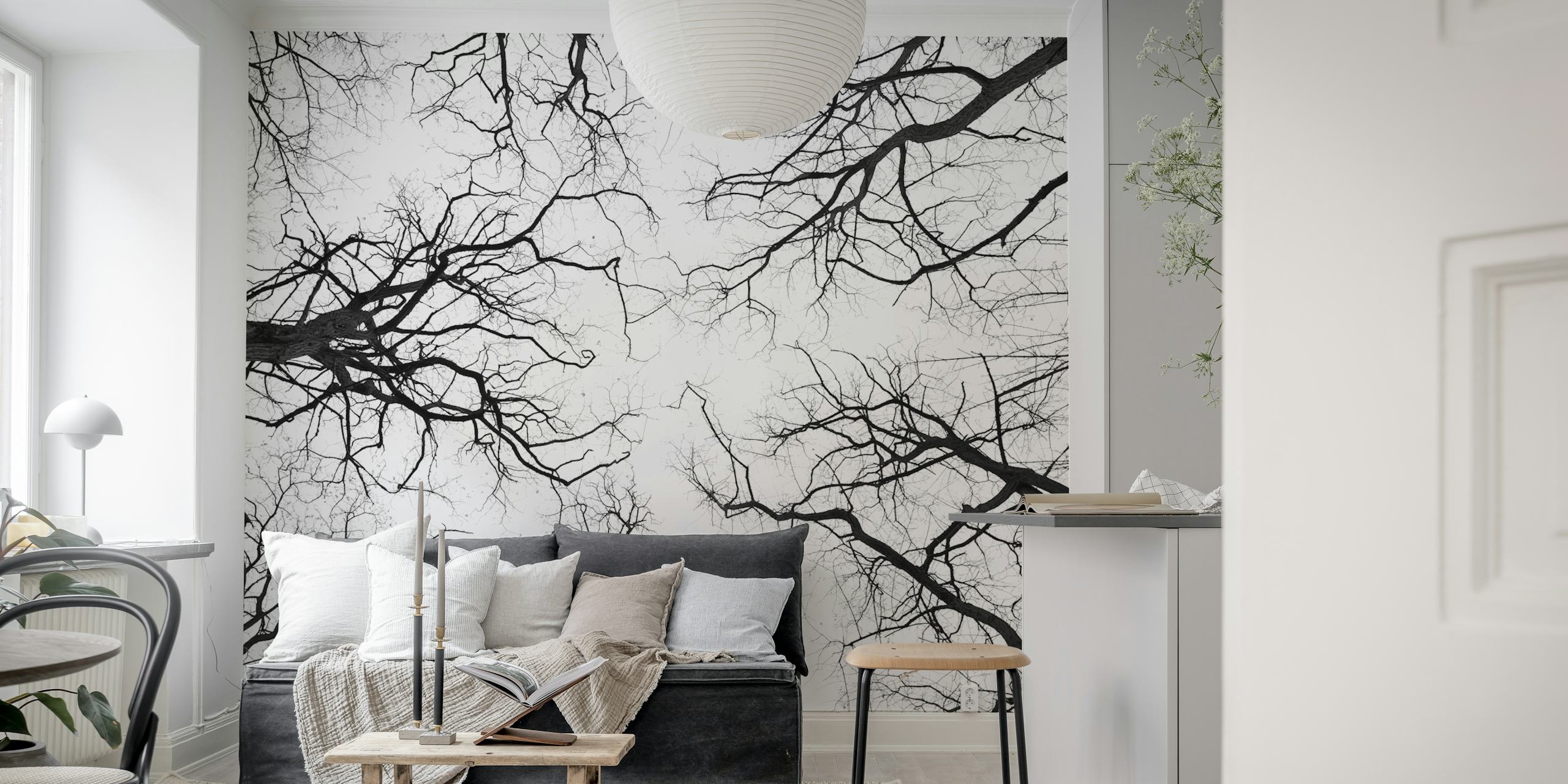 Black and white aerial view of tree branches wall mural