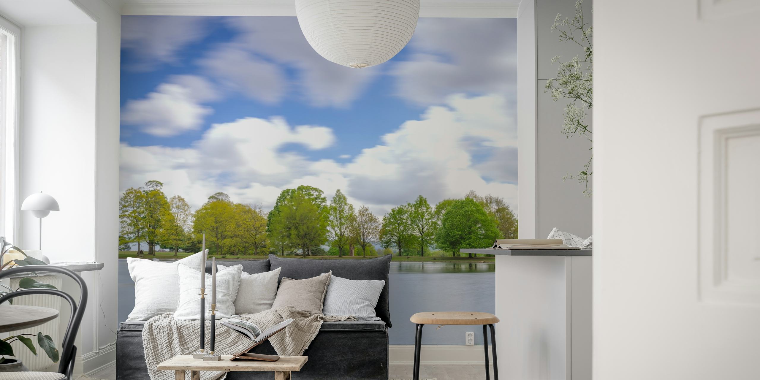 Lake scene with trees and blue sky wallpaper