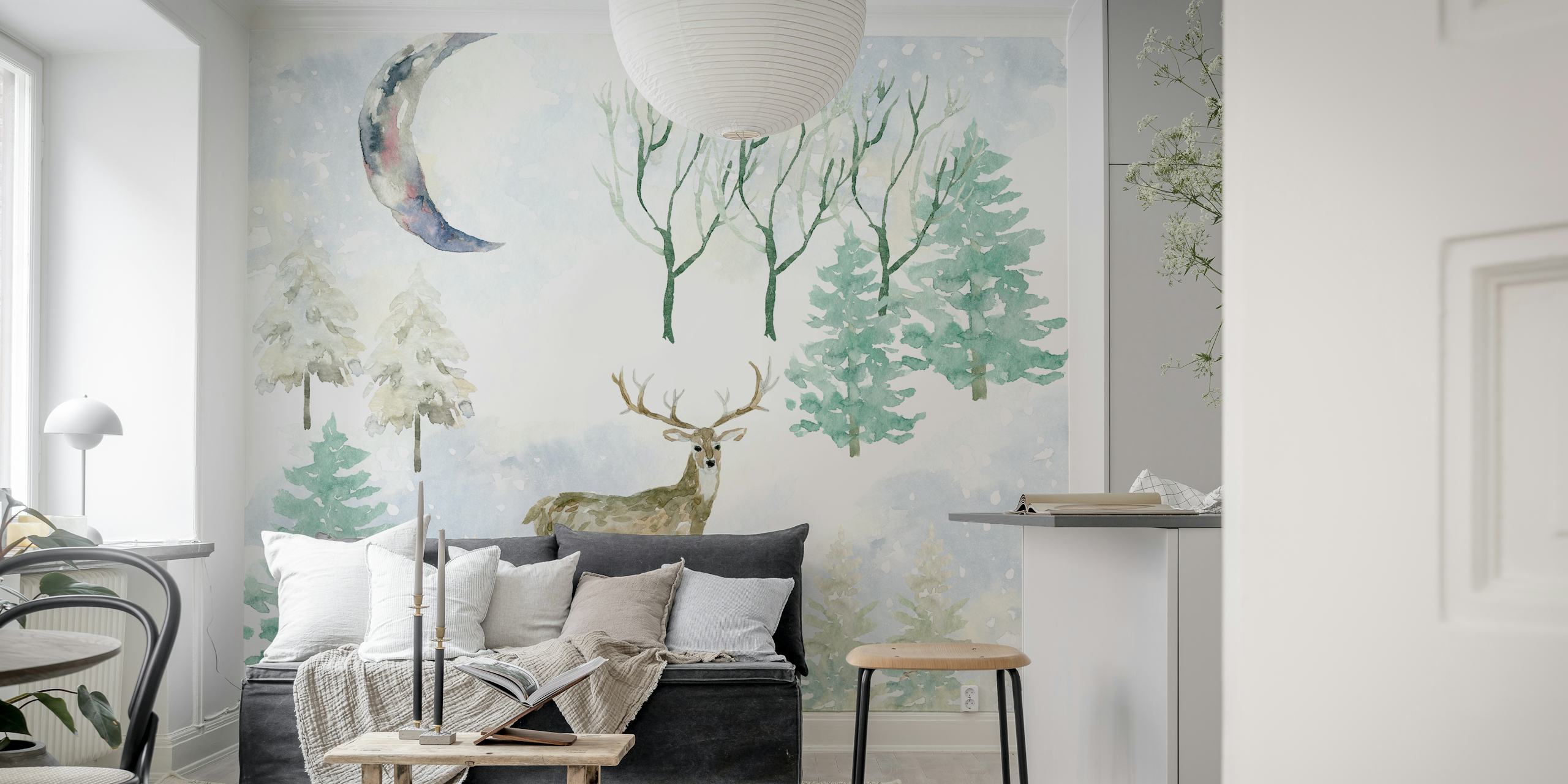 Scène d'hiver avec des cerfs sous un croissant de lune parmi des arbres enneigés et une fresque murale de pins givrés