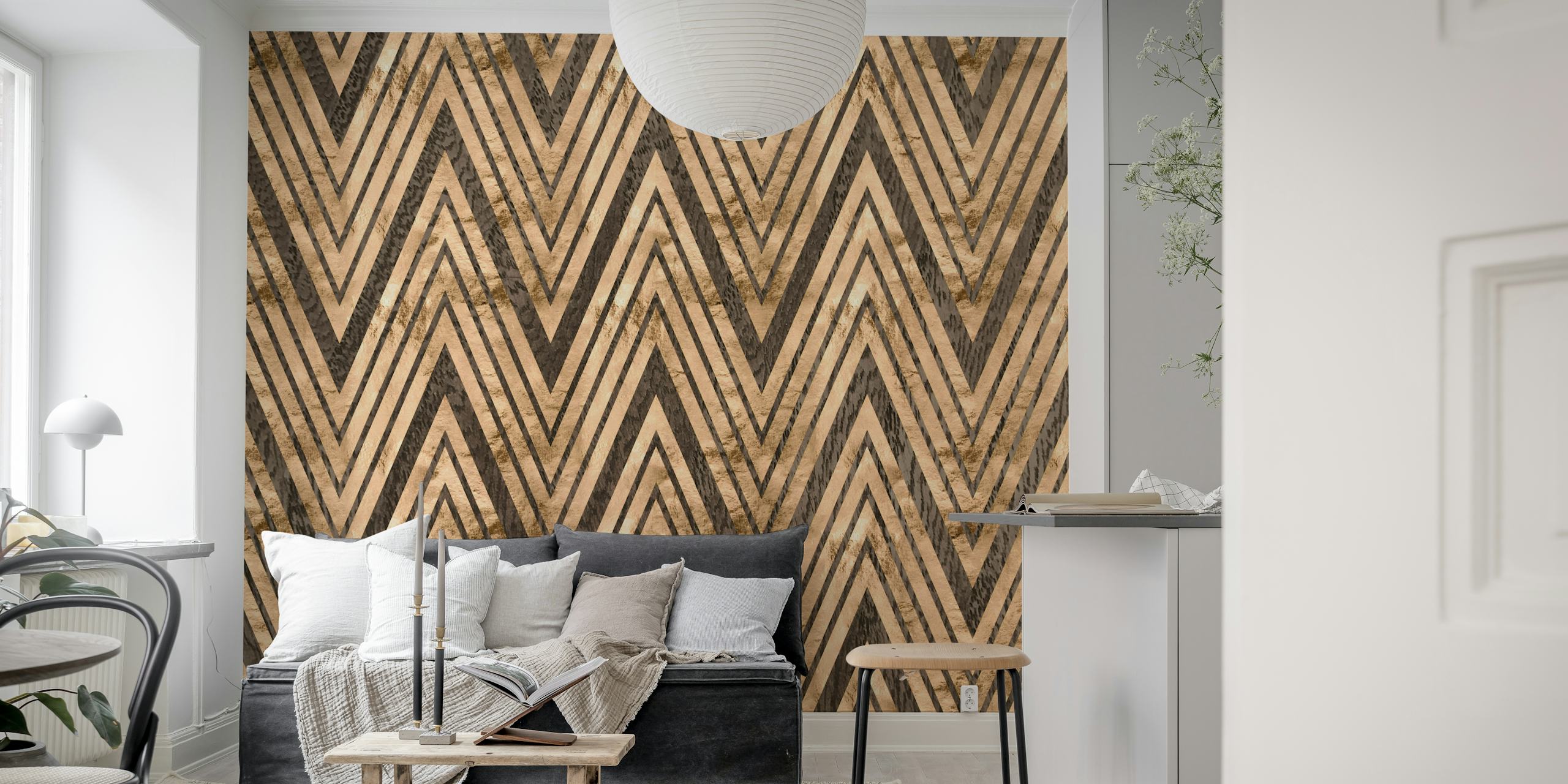 Chevron pattern wall mural in rose gold and dark wood tones for modern interior decor
