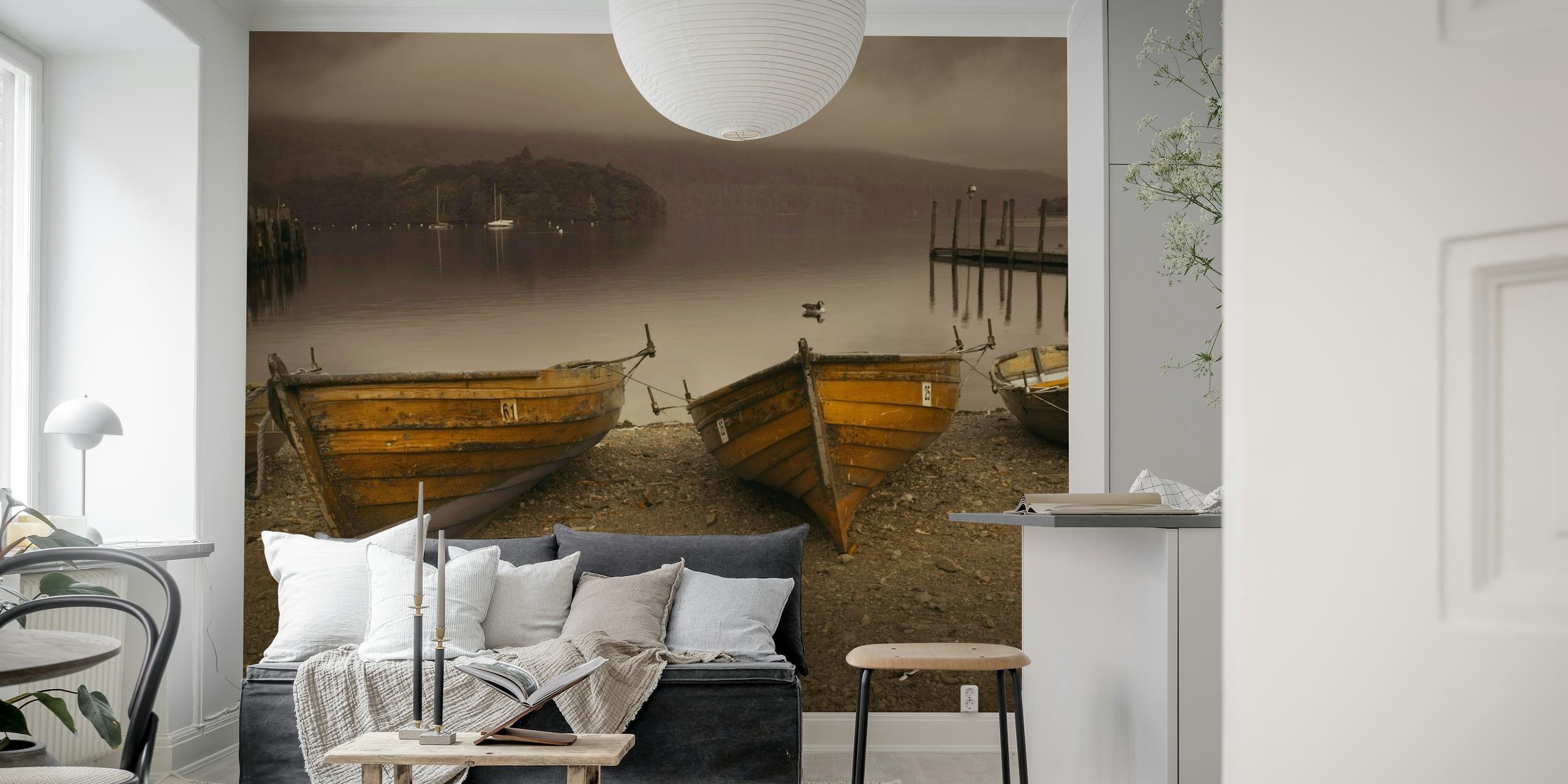 Tranquil lake with rowboats wall mural