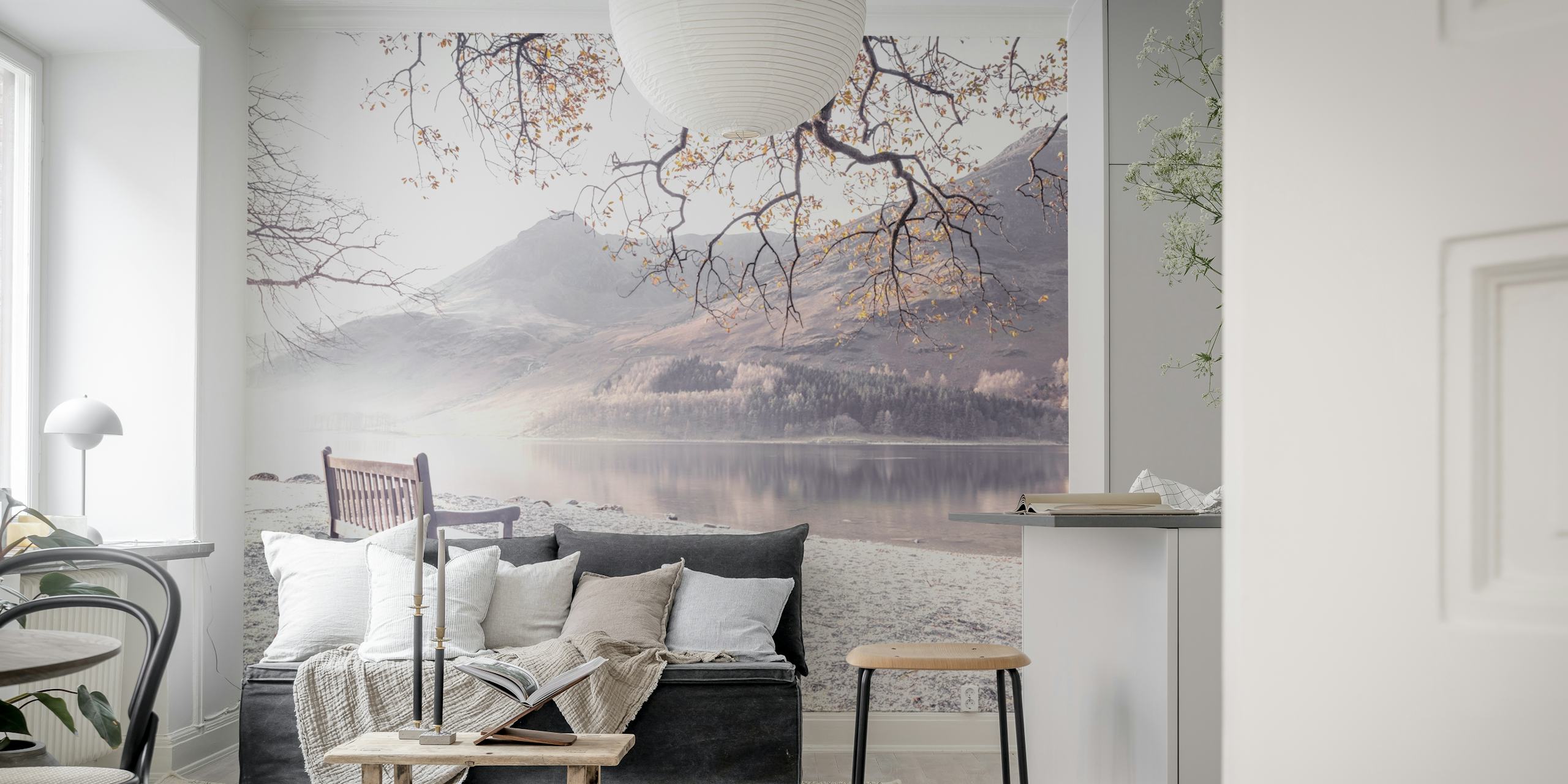 Scenic landscape with a bench by a lake, soft tones, serene atmosphere wallpaper