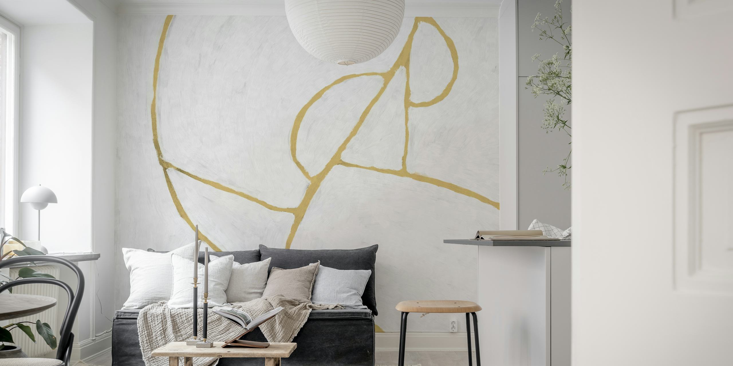 Minimalist geometric wall mural with gold lines on a white background