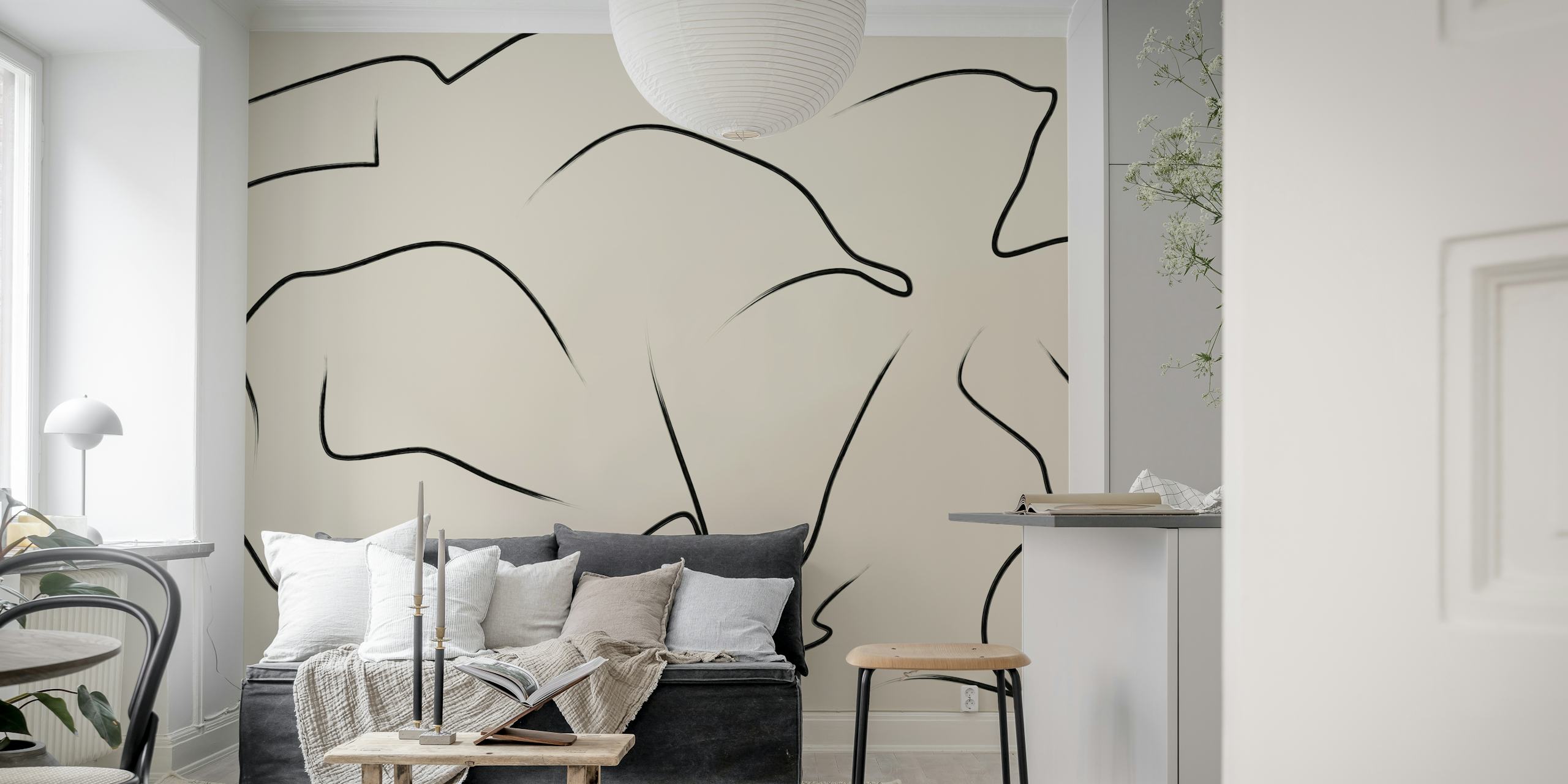 Minimalistički, mirni umjetnički zidni mural s kovitlajućim linijama u neutralnoj paleti