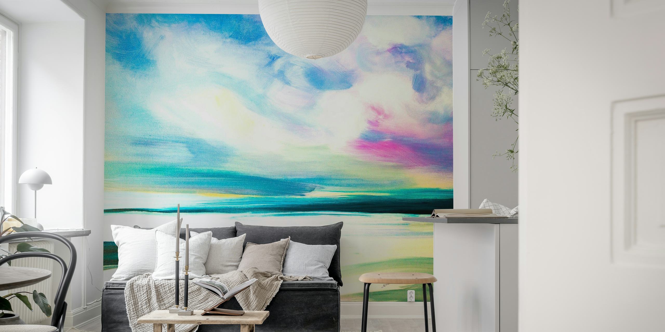 Abstract landscape wall mural with serene colors