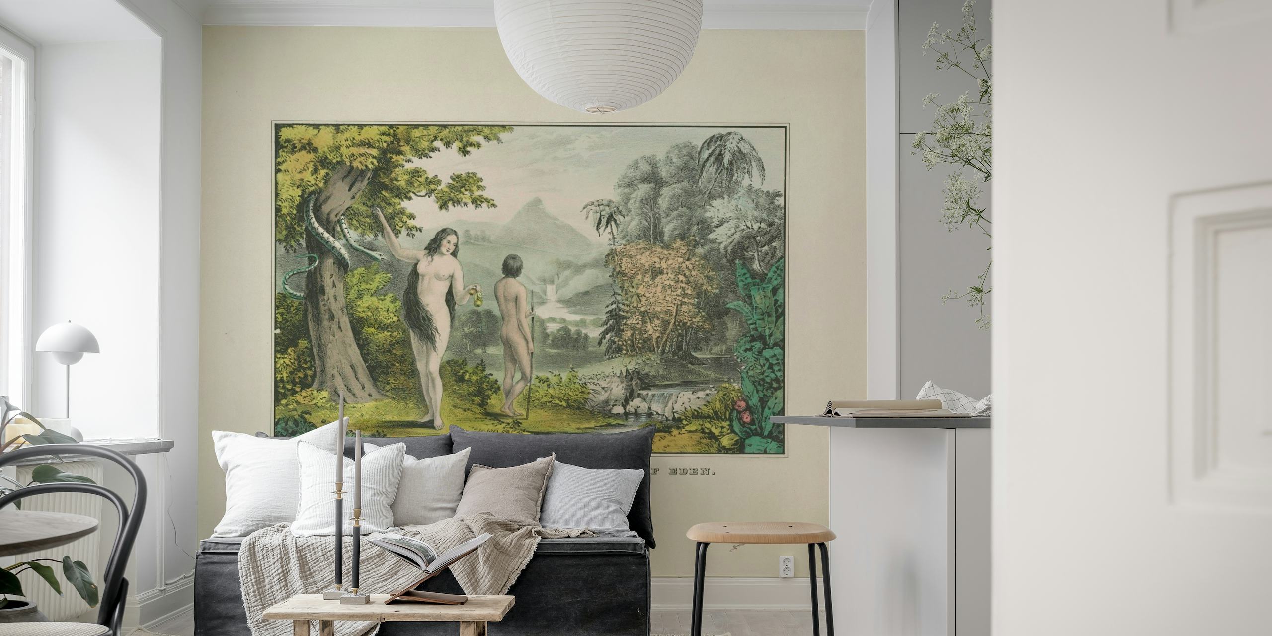 Adam en Eva afgebeeld in de Hof van Eden op een muurschildering.