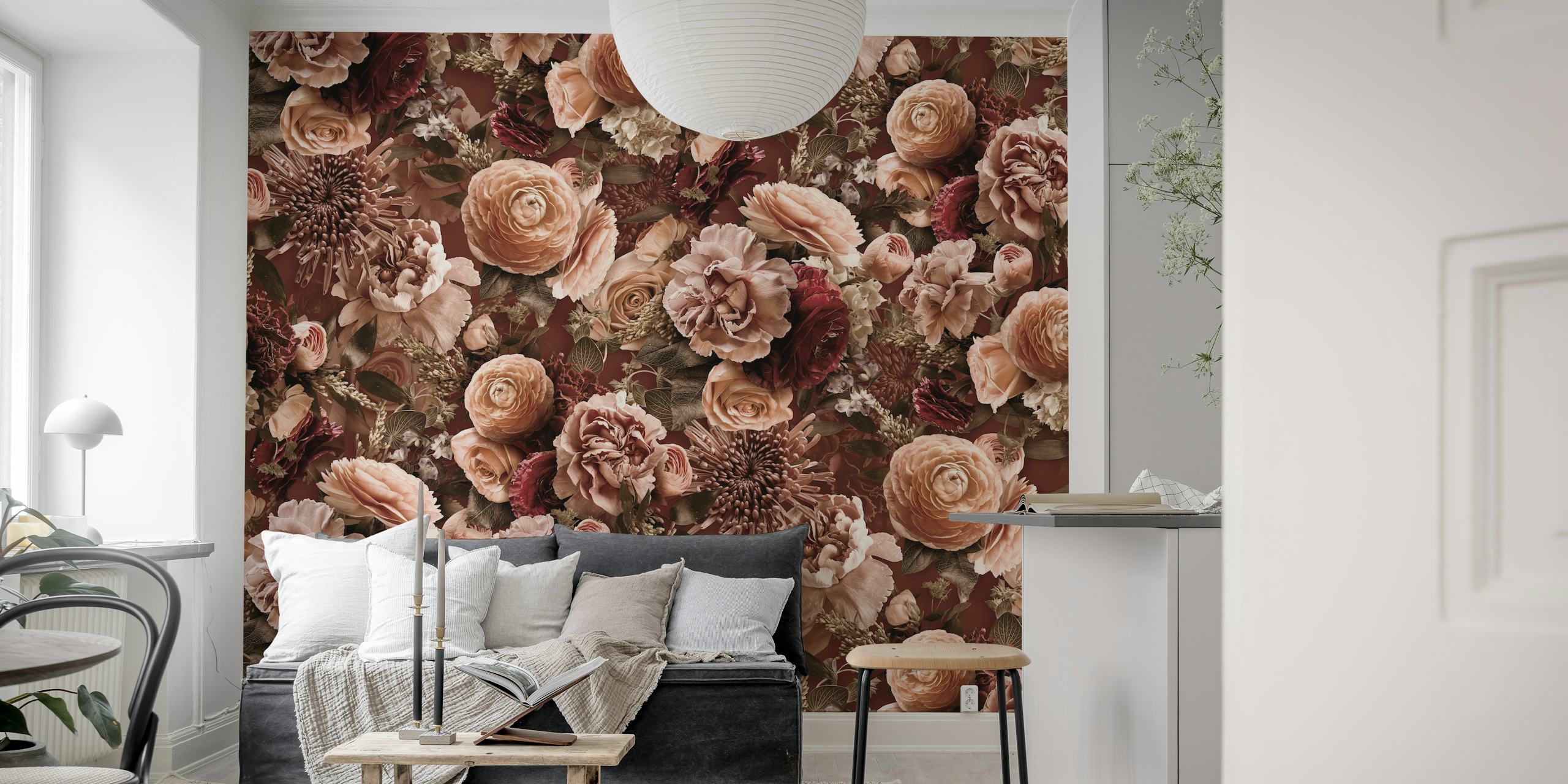 Baroque floral pattern in peach, pink, and brown wallpaper