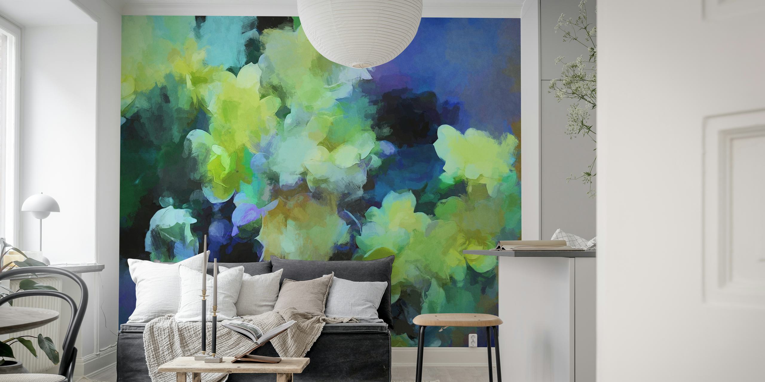 Abstract floral design in vibrant yellow and blue colors wallpaper