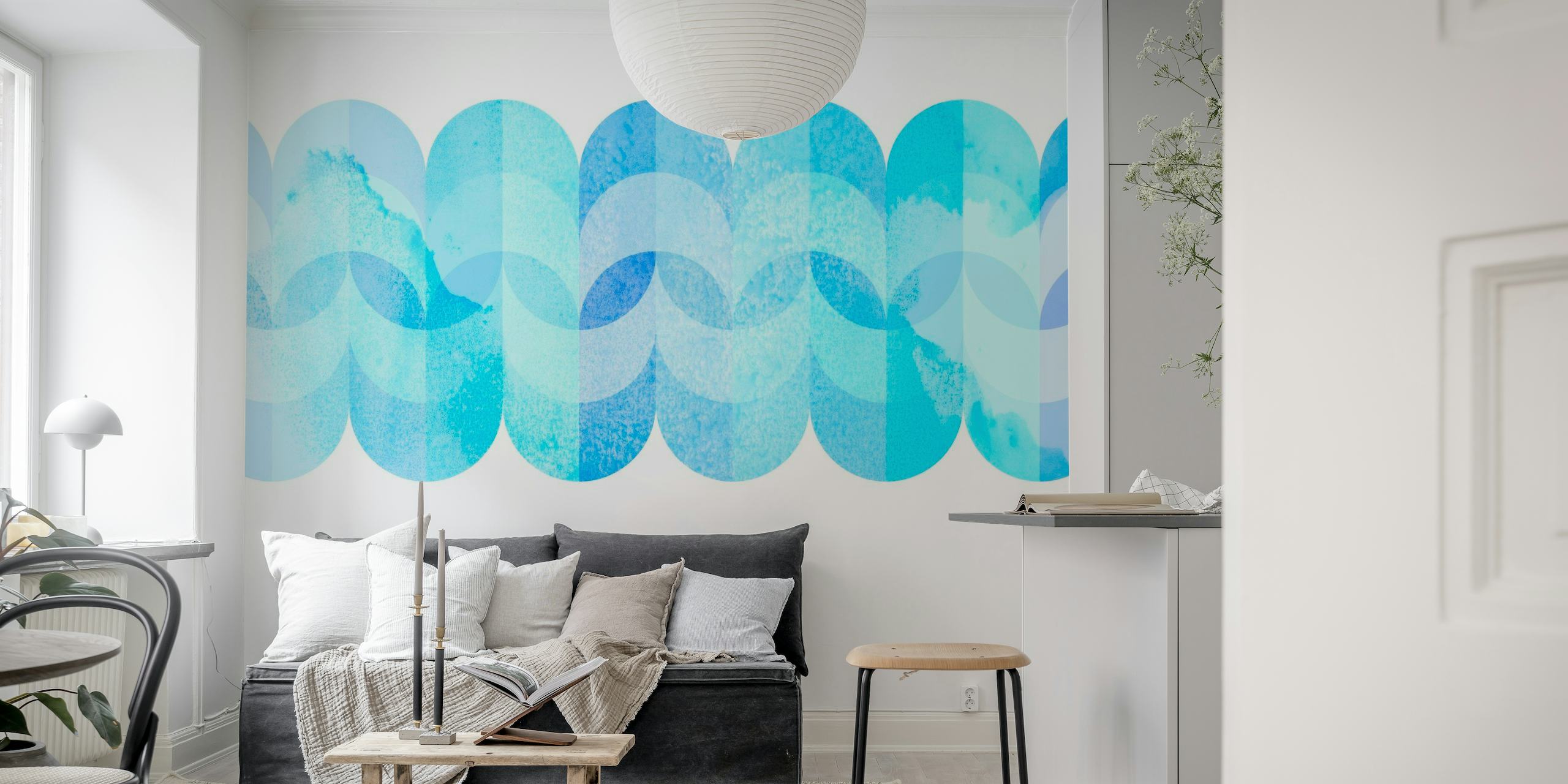 Abstract mid-century modern geometric watercolor waves in seafoam colors