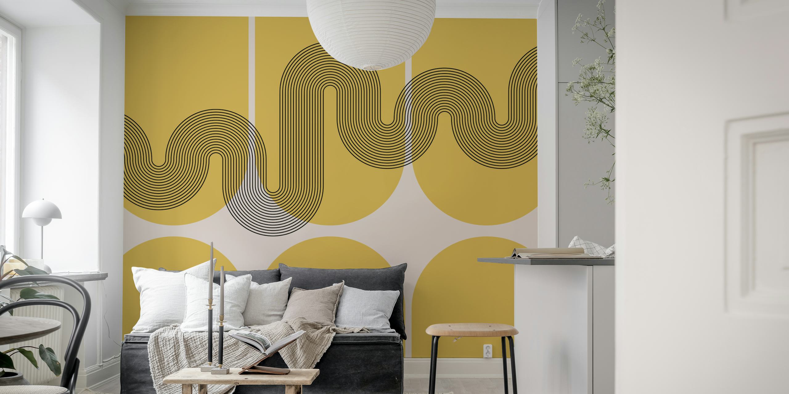 Mid-Century Bold Shapes Wave Minimalist wall mural with mustard and grey hues