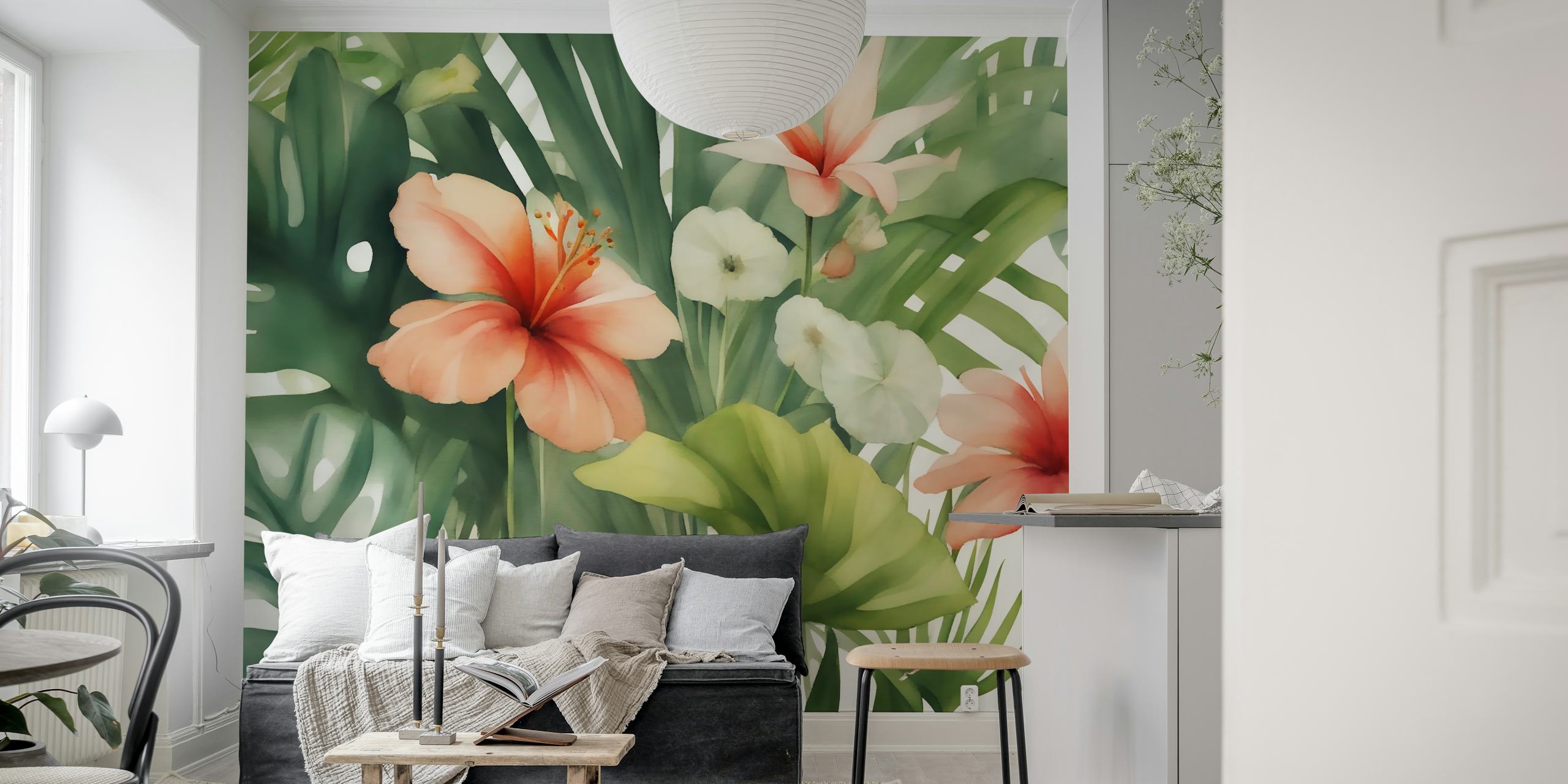 Tropical watercolor blooms wallpaper in a room