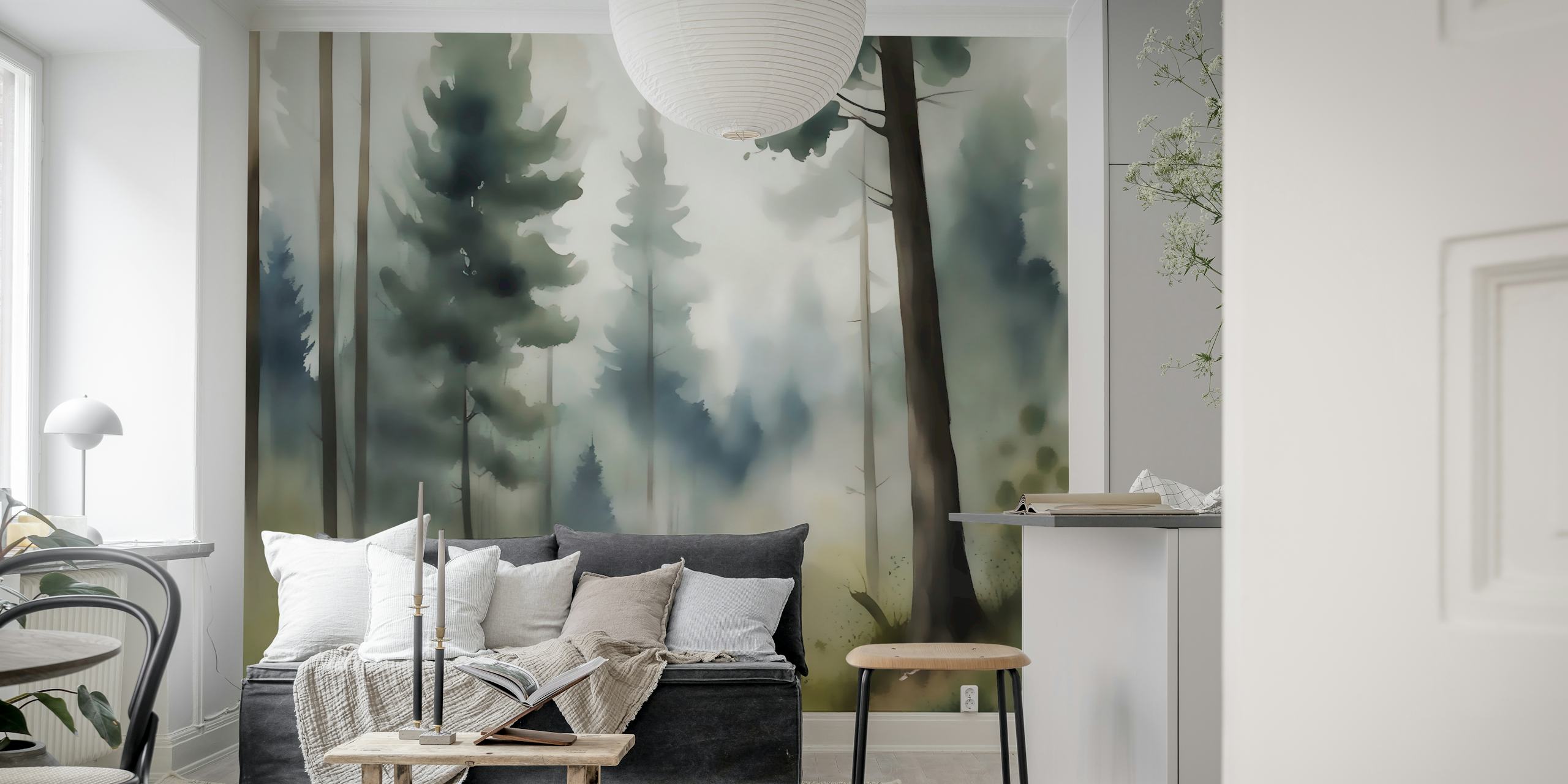 Misty forest path with trees and soft green tones wallpaper