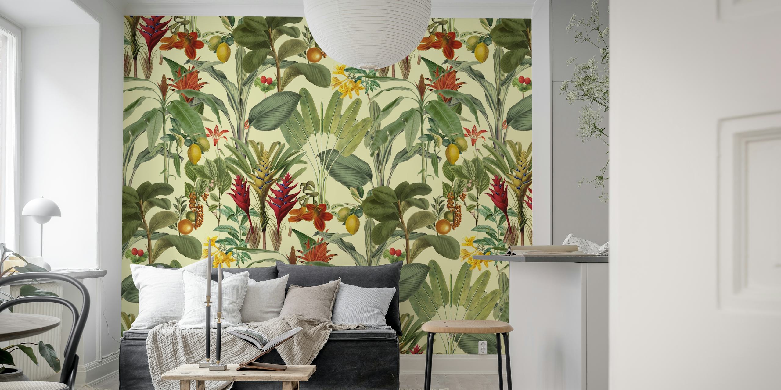 Vibrant tropical floral patterns with green leaves and colorful flowers wallpaper