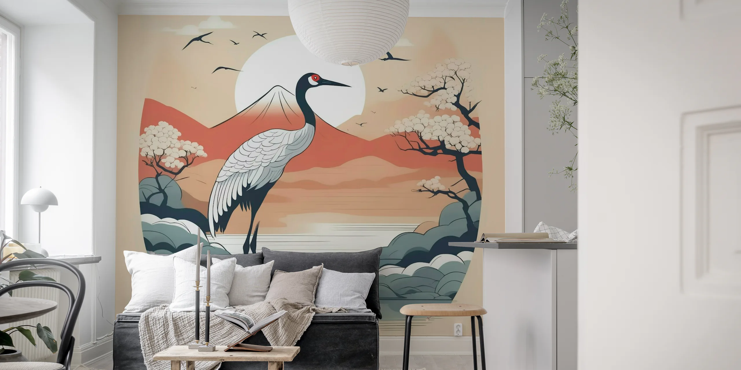 Japanese Art Deco Cranes Wallpaper | happywall.com