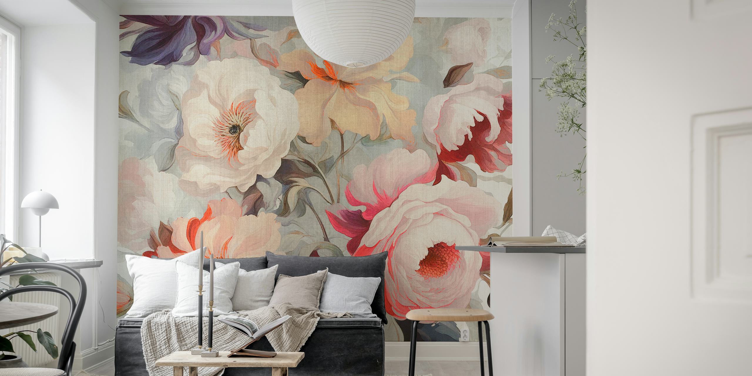 Large Baroque Flowers wall mural with soft pastel florals
