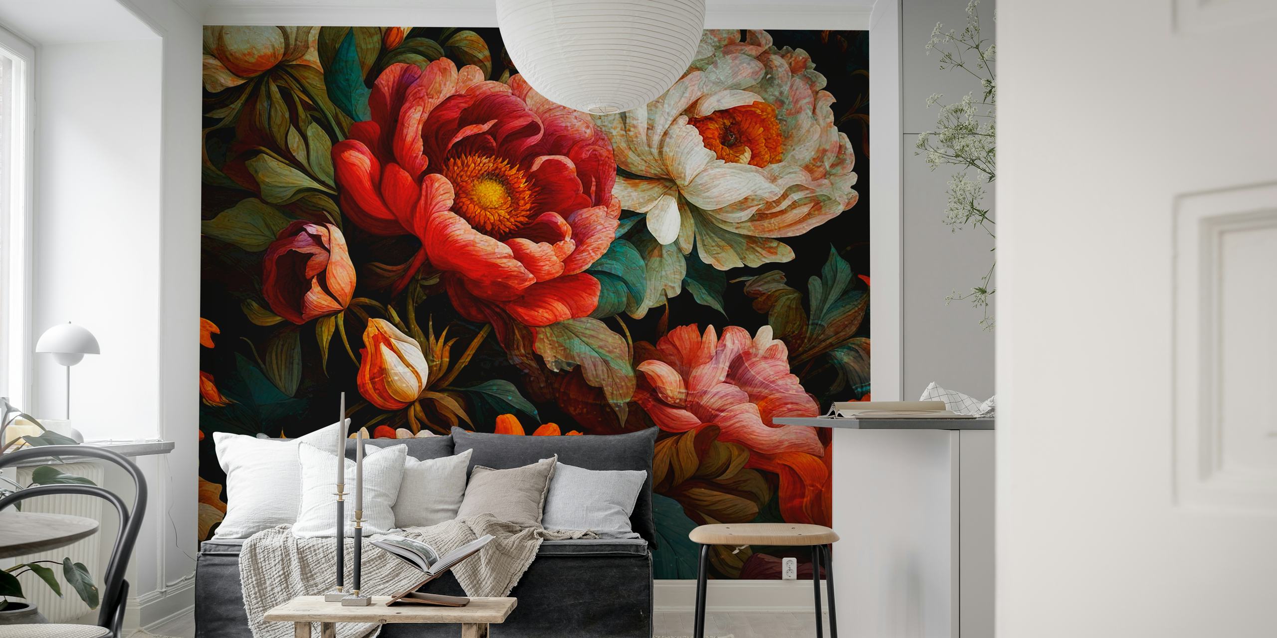 Large baroque flowers in rich colors on black background wallpaper