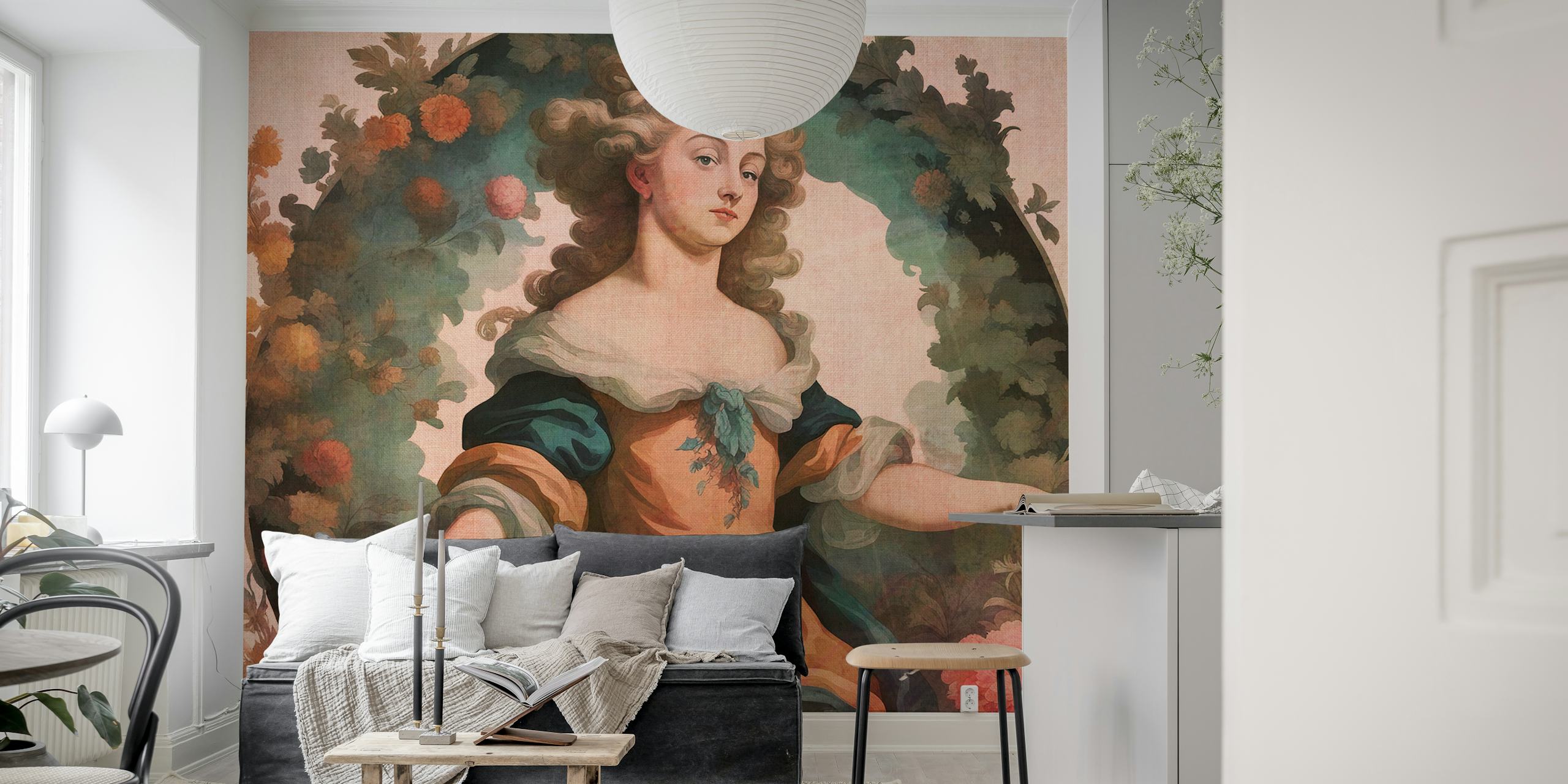 Classic floral print featuring pastel colors and a vintage style wallpaper