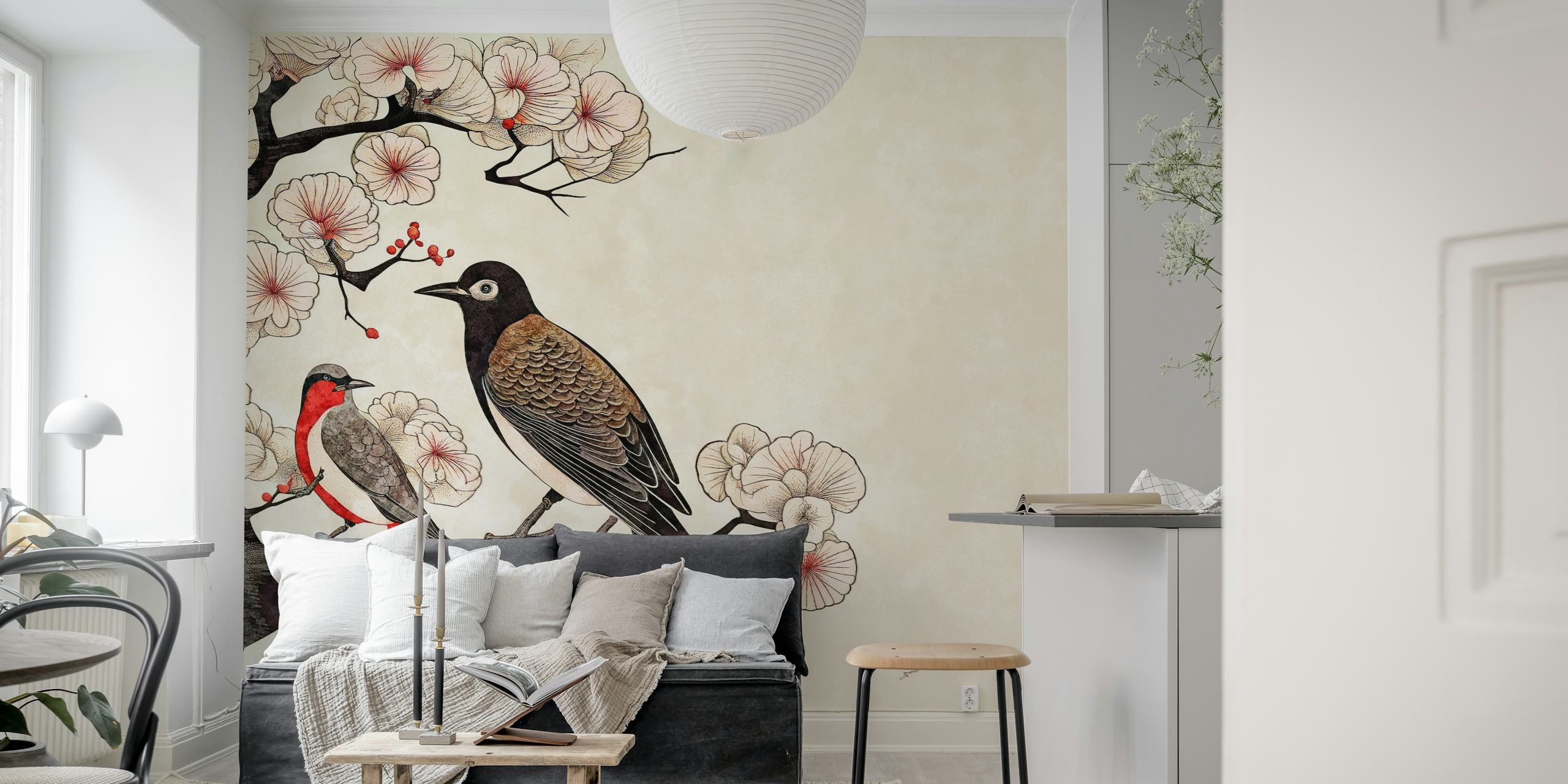 Cozy Japandi style wall mural depicting birds on a floral branch