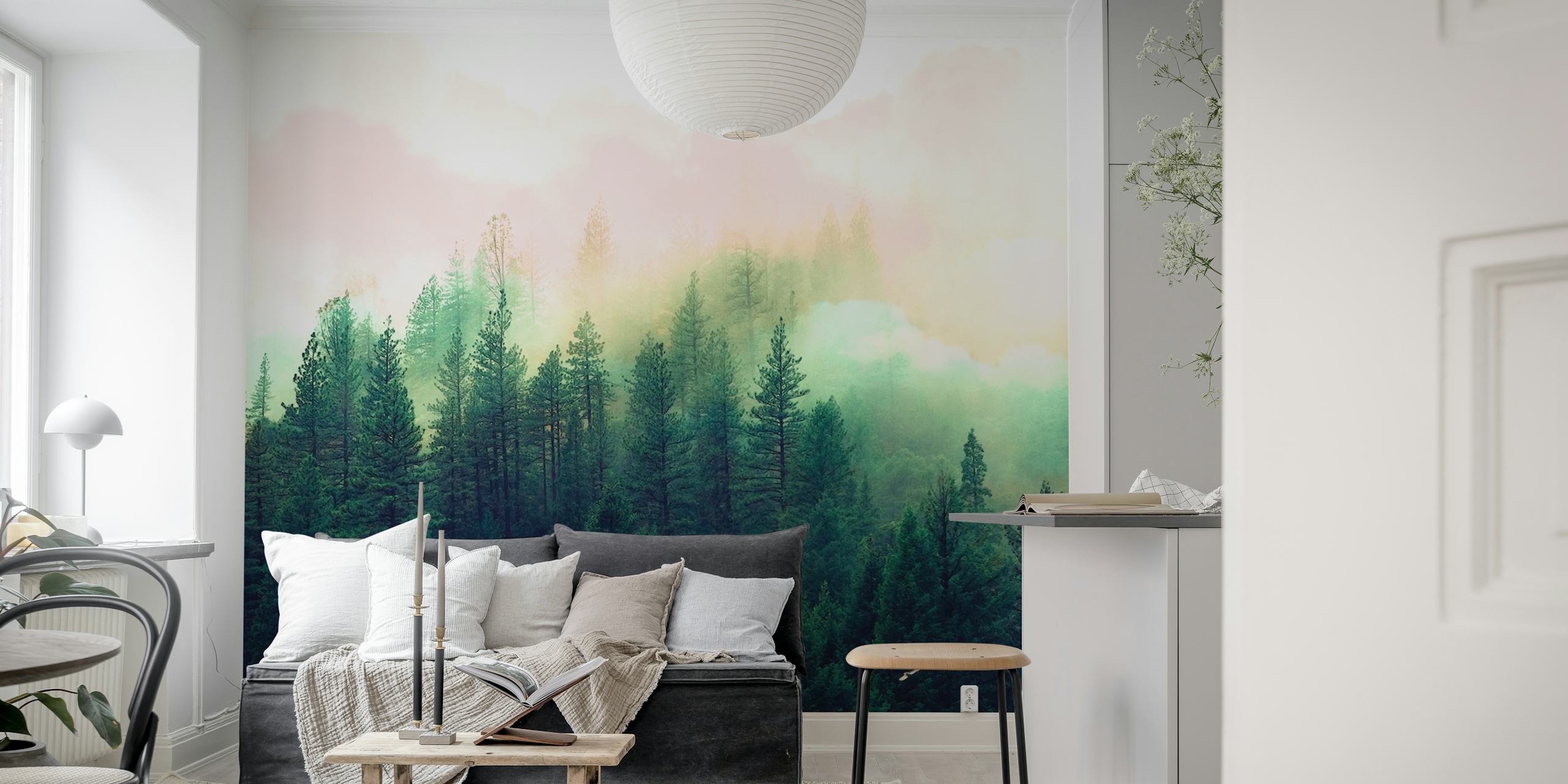 Mountain landscape painting wallpaper in room