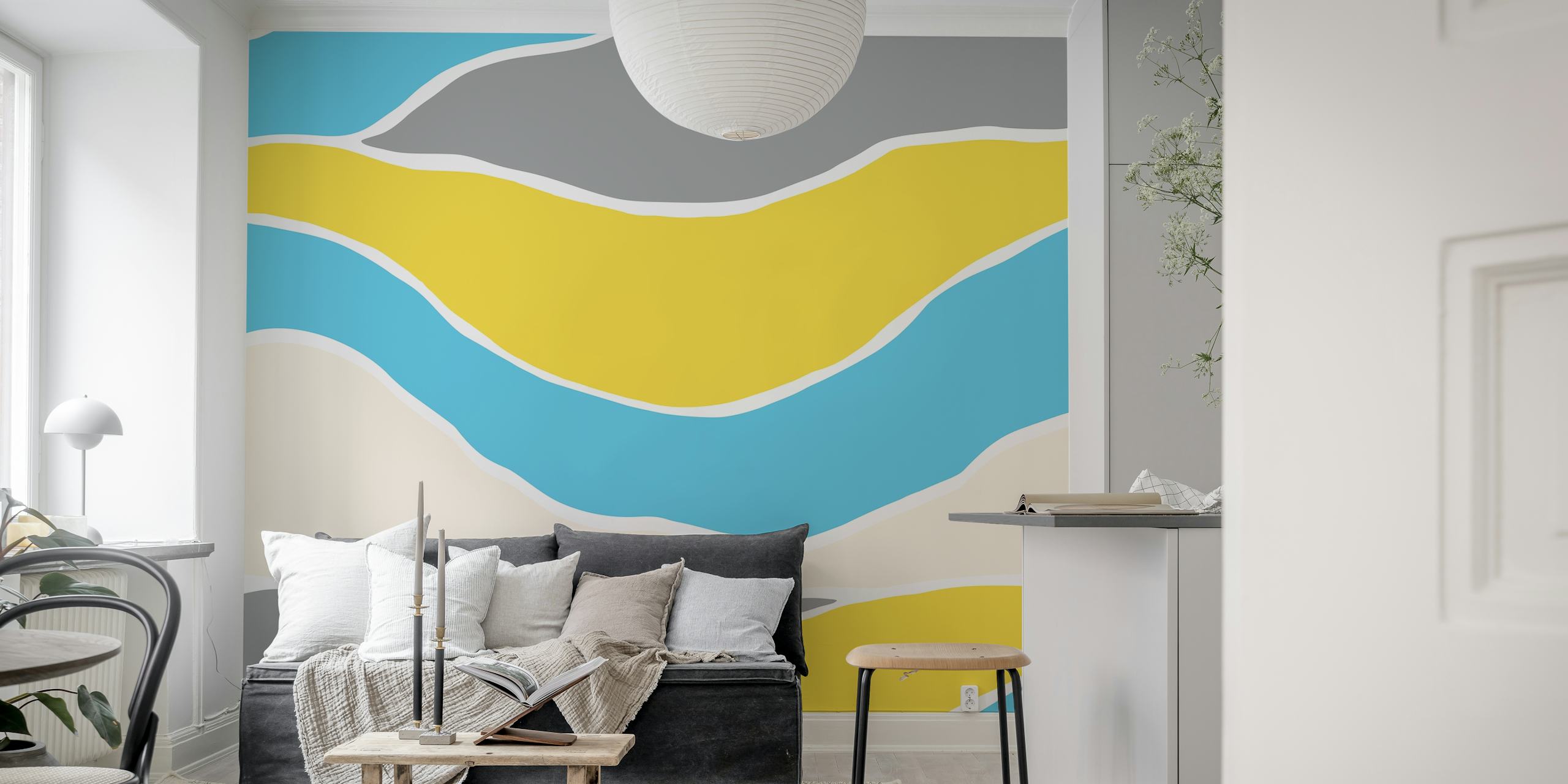 Papel tapiz de arte moderno en azafrán y azul cielo