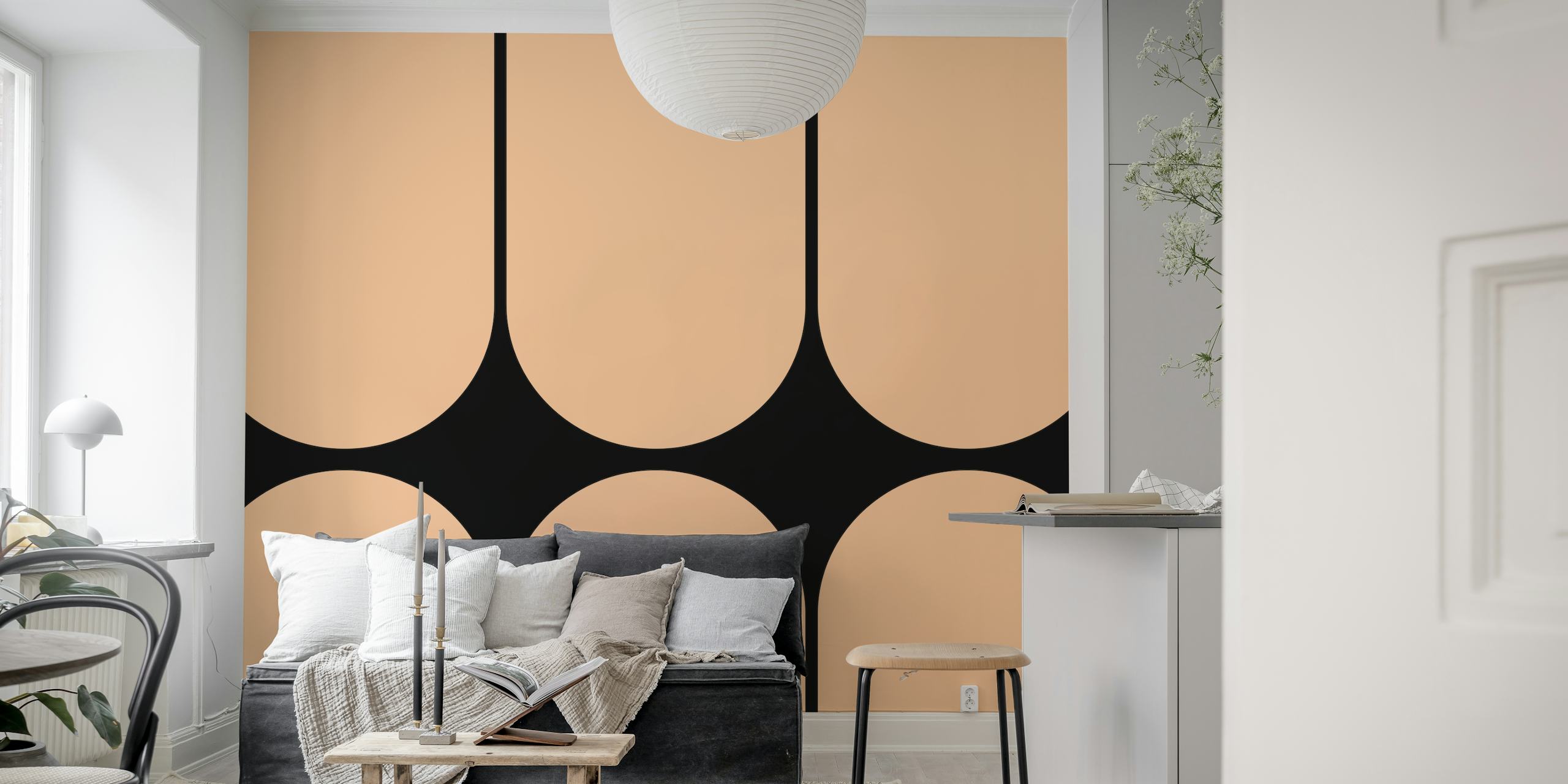 Mid-century geometric pattern in peach and black wallpaper