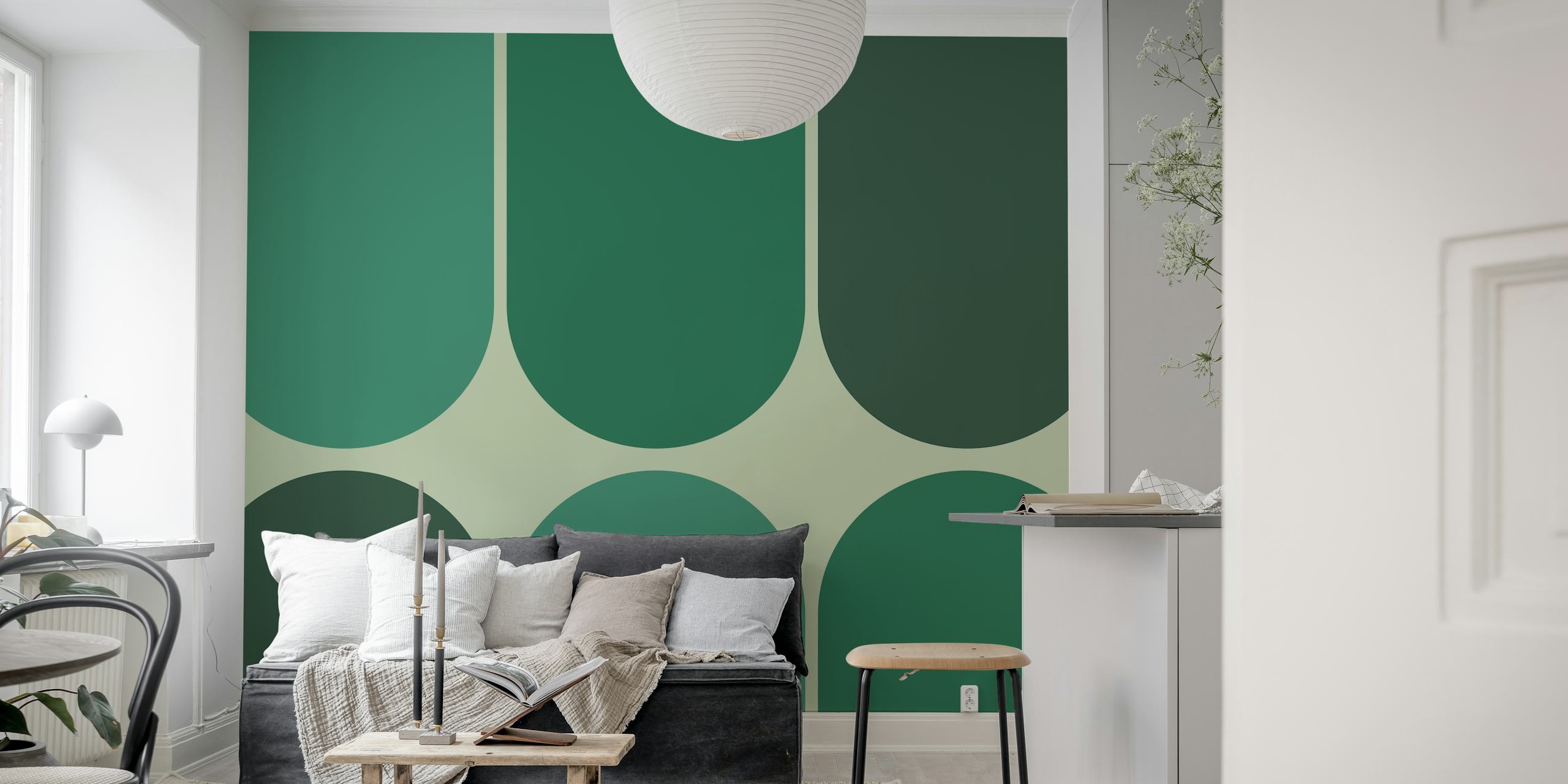 Geometrische groene vormen met afgeronde hoeken op een lichte achtergrond, wallpaper