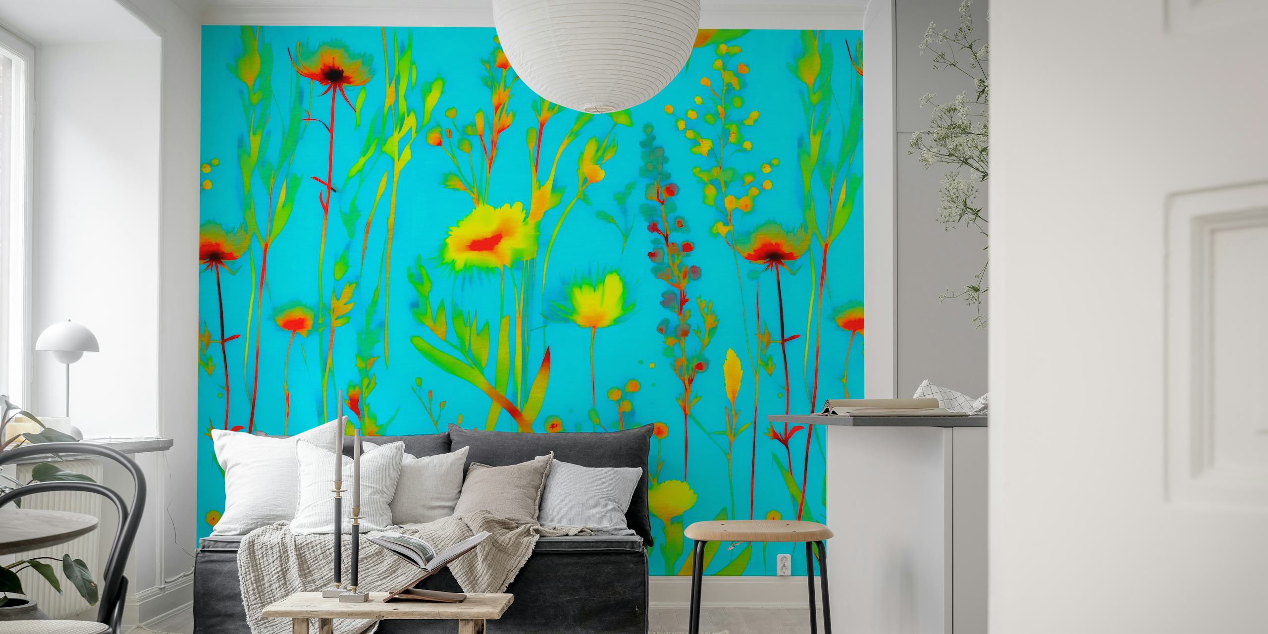 vibrant summer wildflowers wall mural with a neon blue background