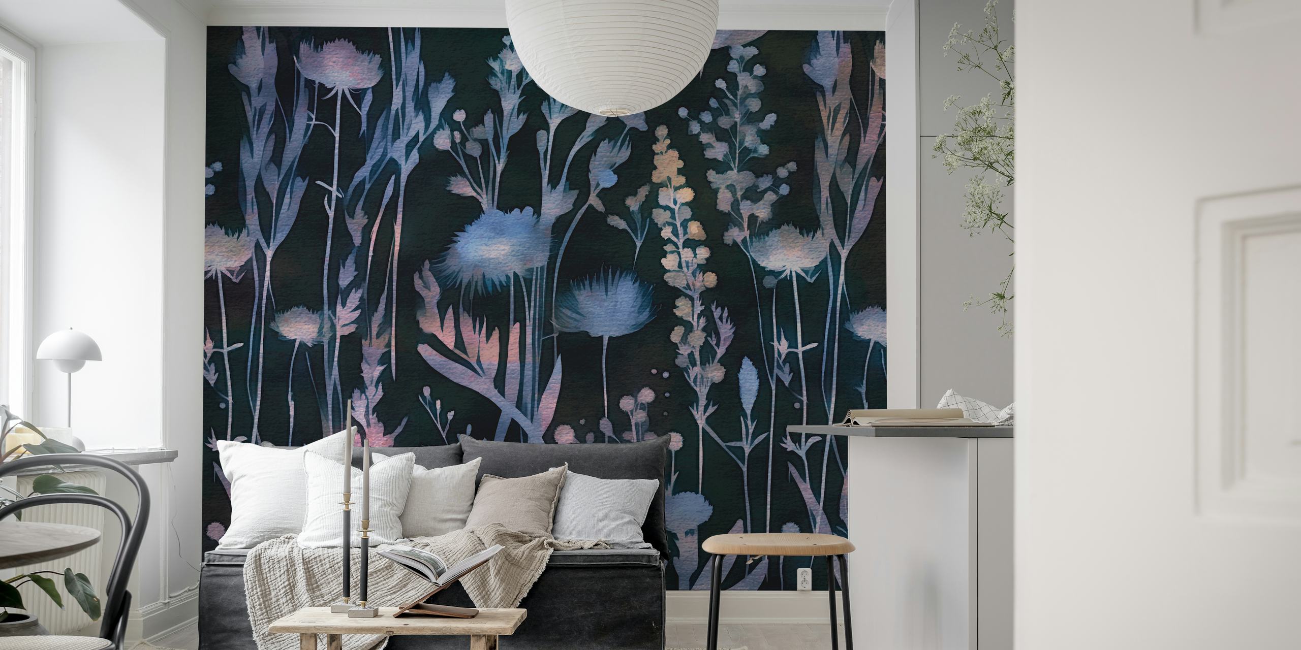 Tapeta Moody Midnight Wildflowers prikazana u sobi