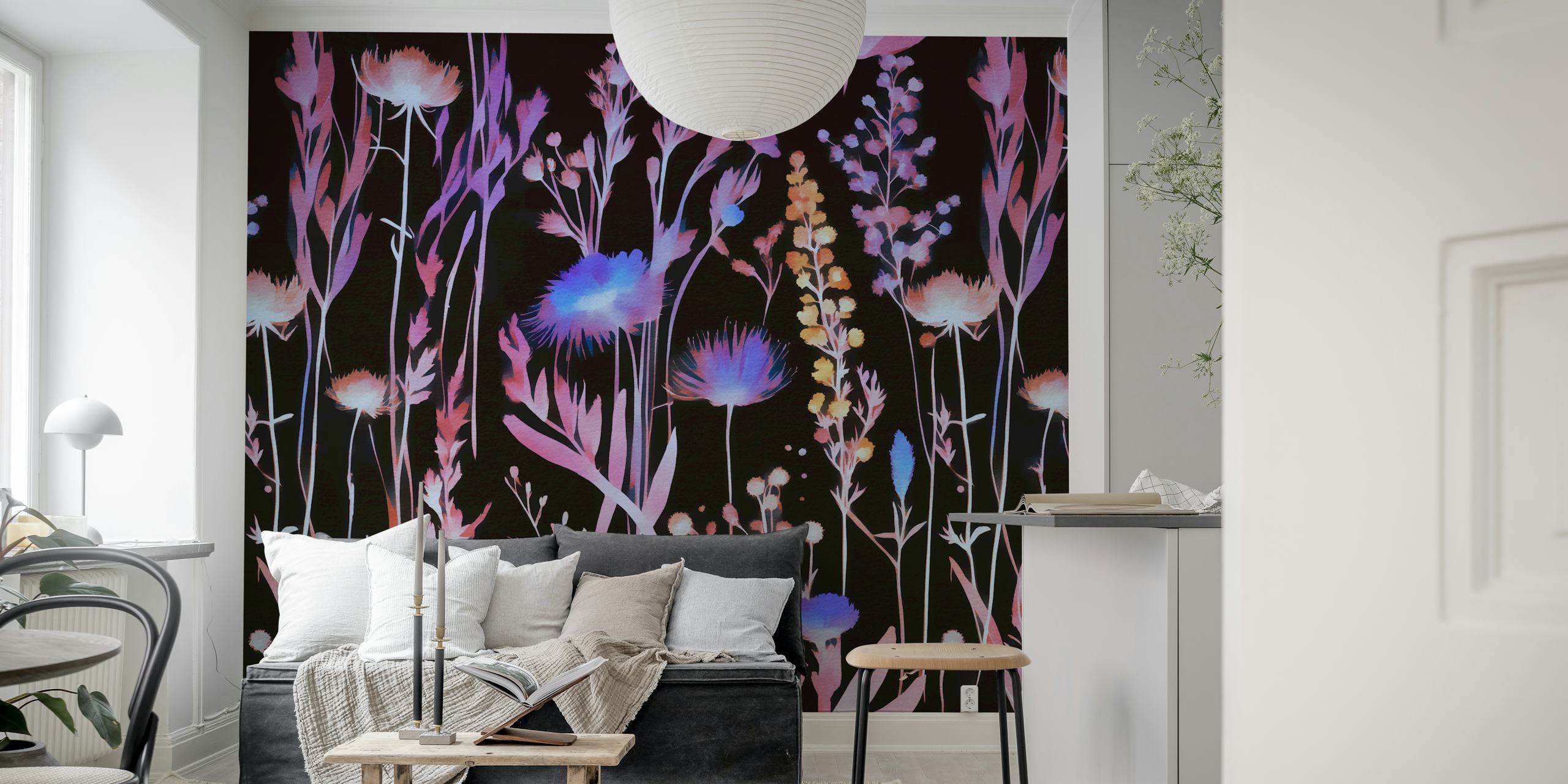 Vivid moody wildflowers wallpaper in a room