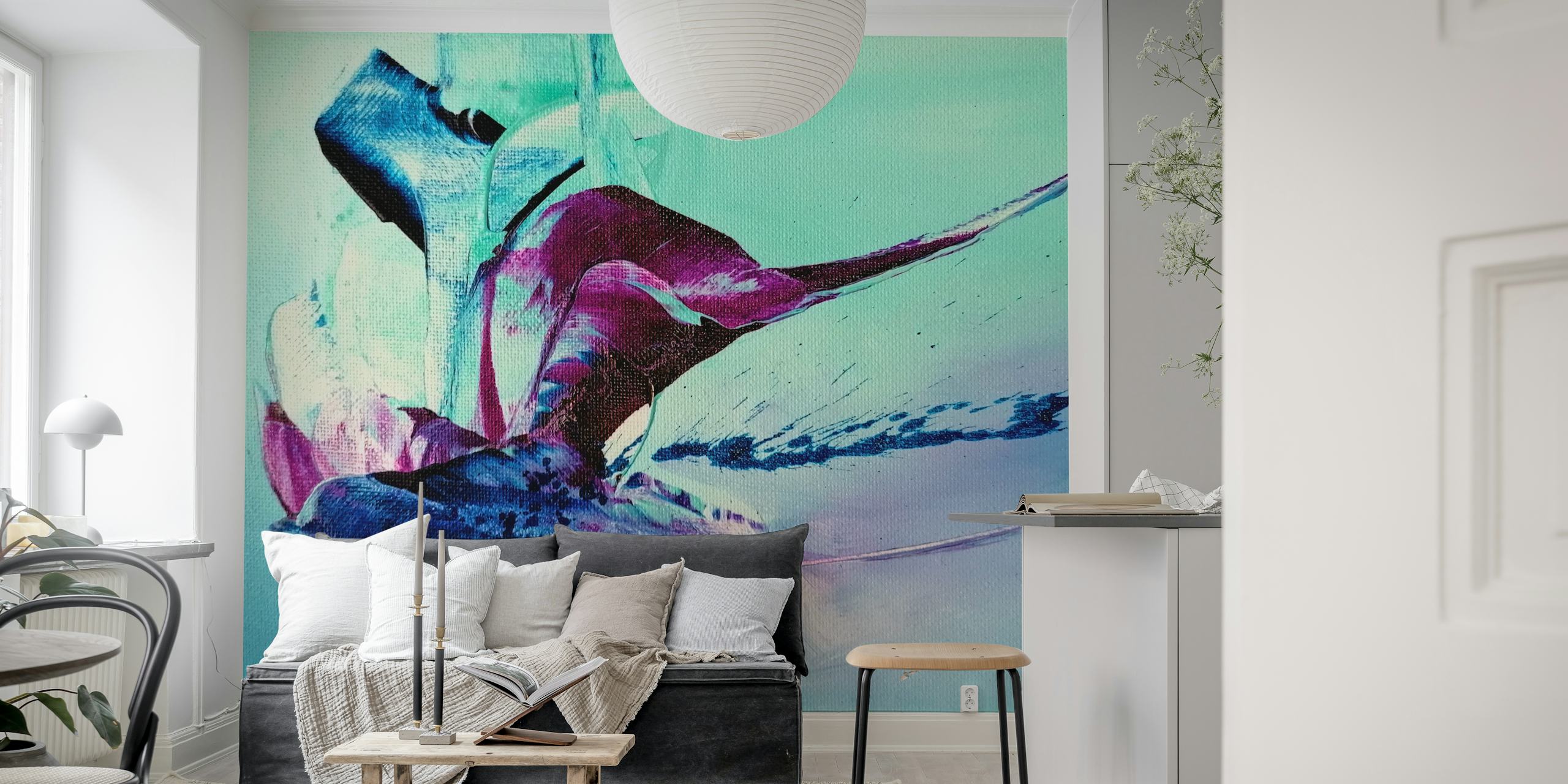 Abstraktes Wandbild mit türkisen und magentafarbenen Farben, das einen wilden Farbtanz darstellt.