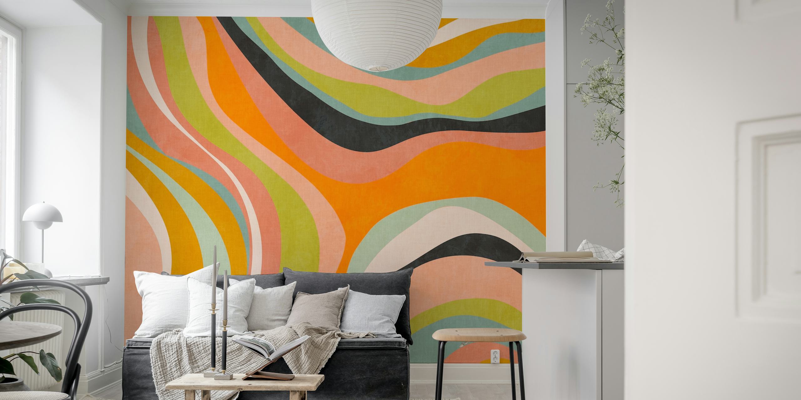 Waves and lines 70s wallpaper in a room