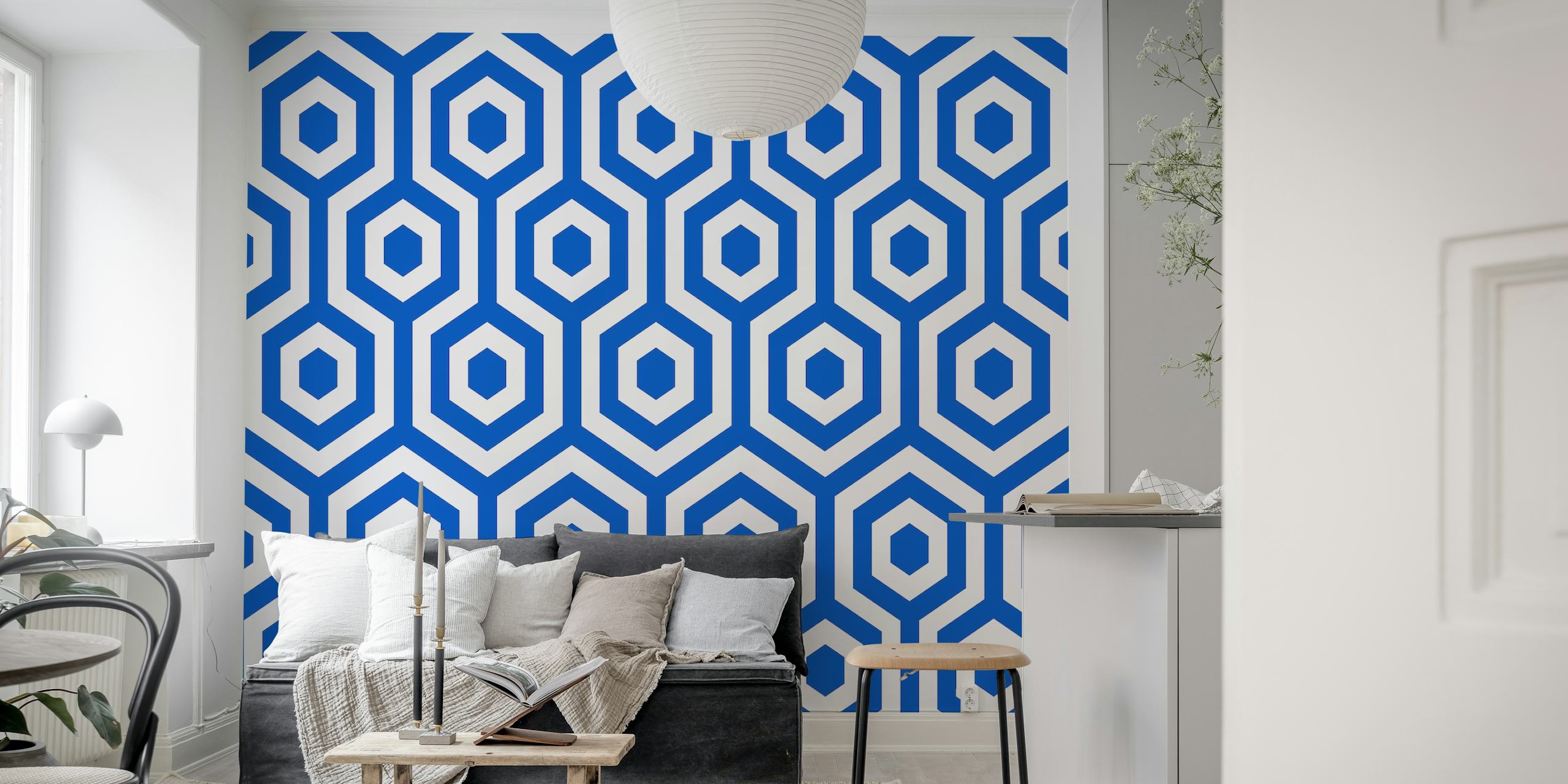 Hexagon royal blue white papel de parede em um quarto