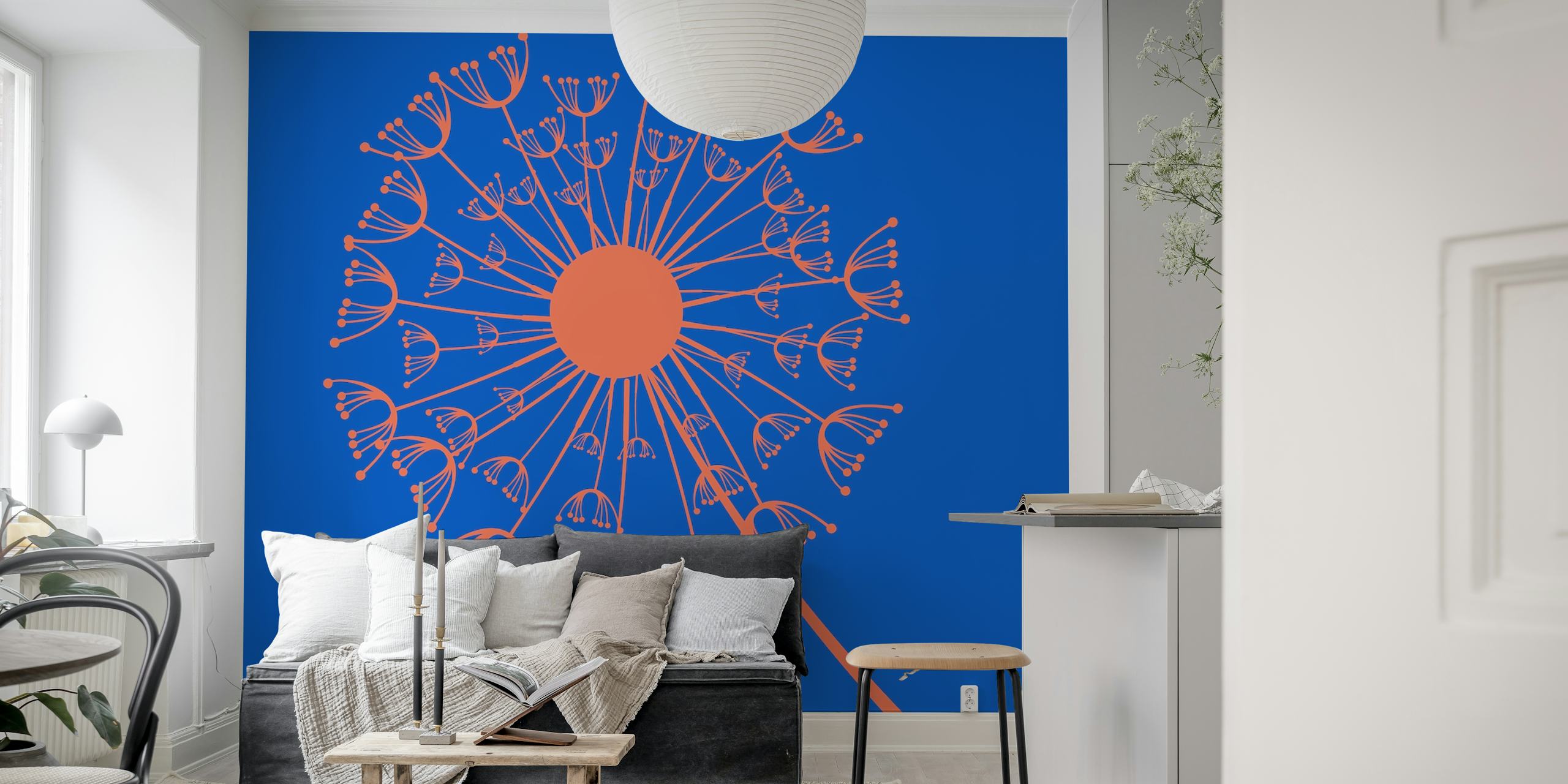 Azure blue orange dandelion wallpaper in a room