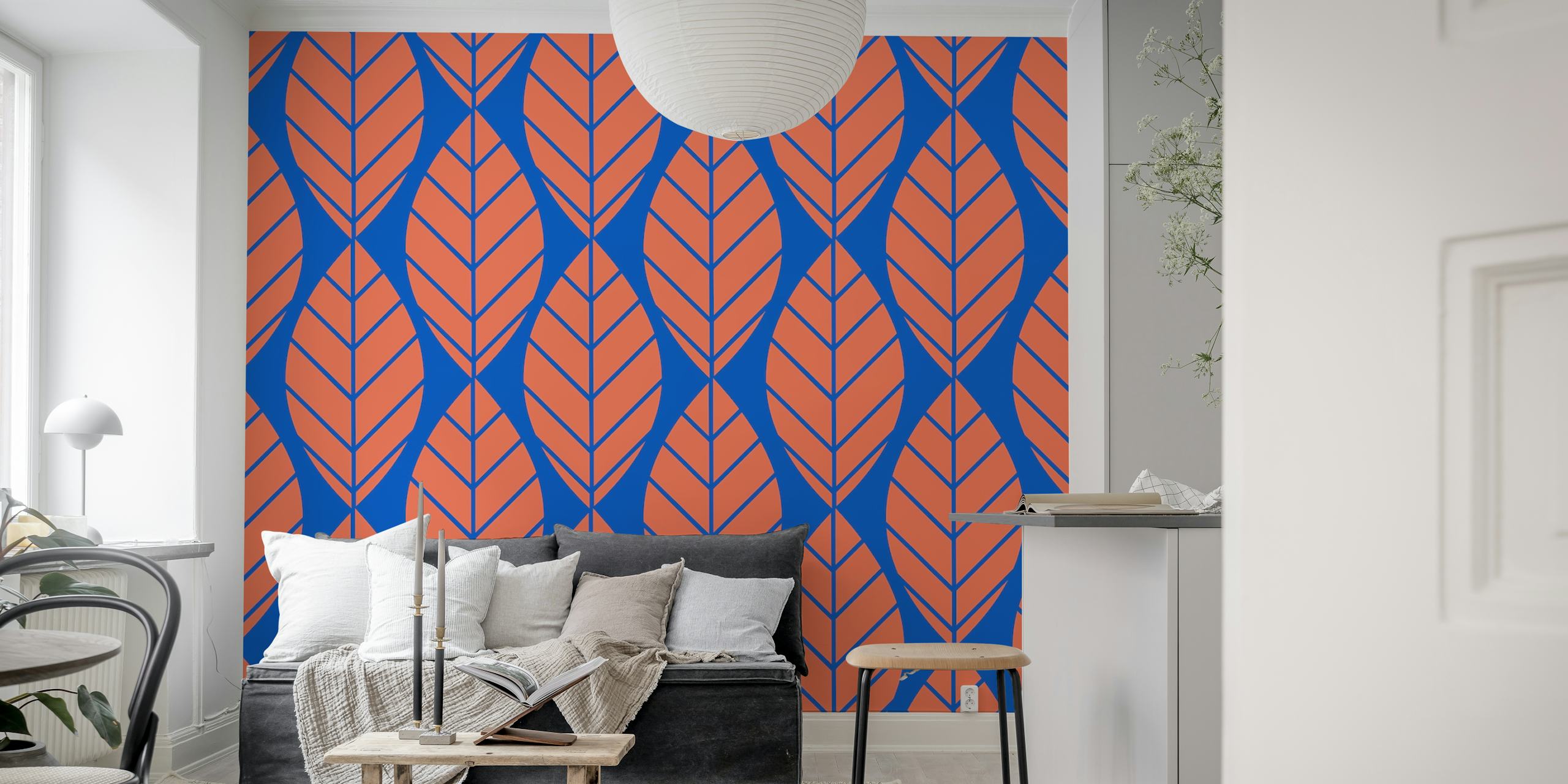 Terracotta colored leaf patterns on a deep blue background wall mural
