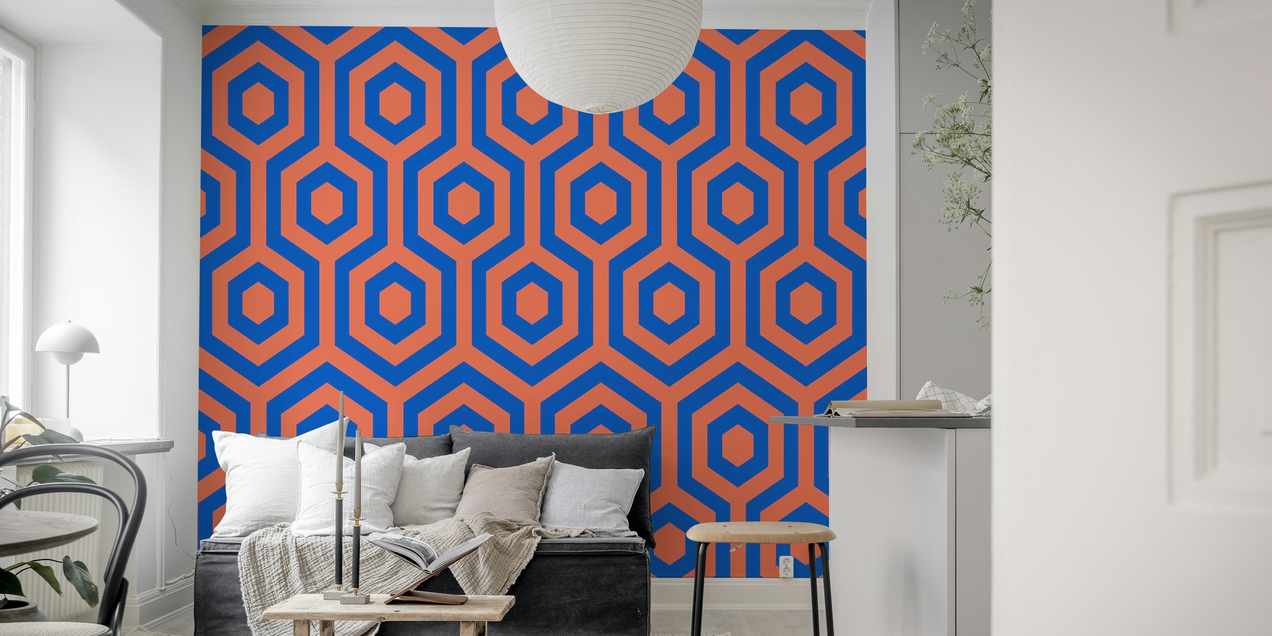 Geometric pattern featuring rust orange and blue hexagons wallpaper