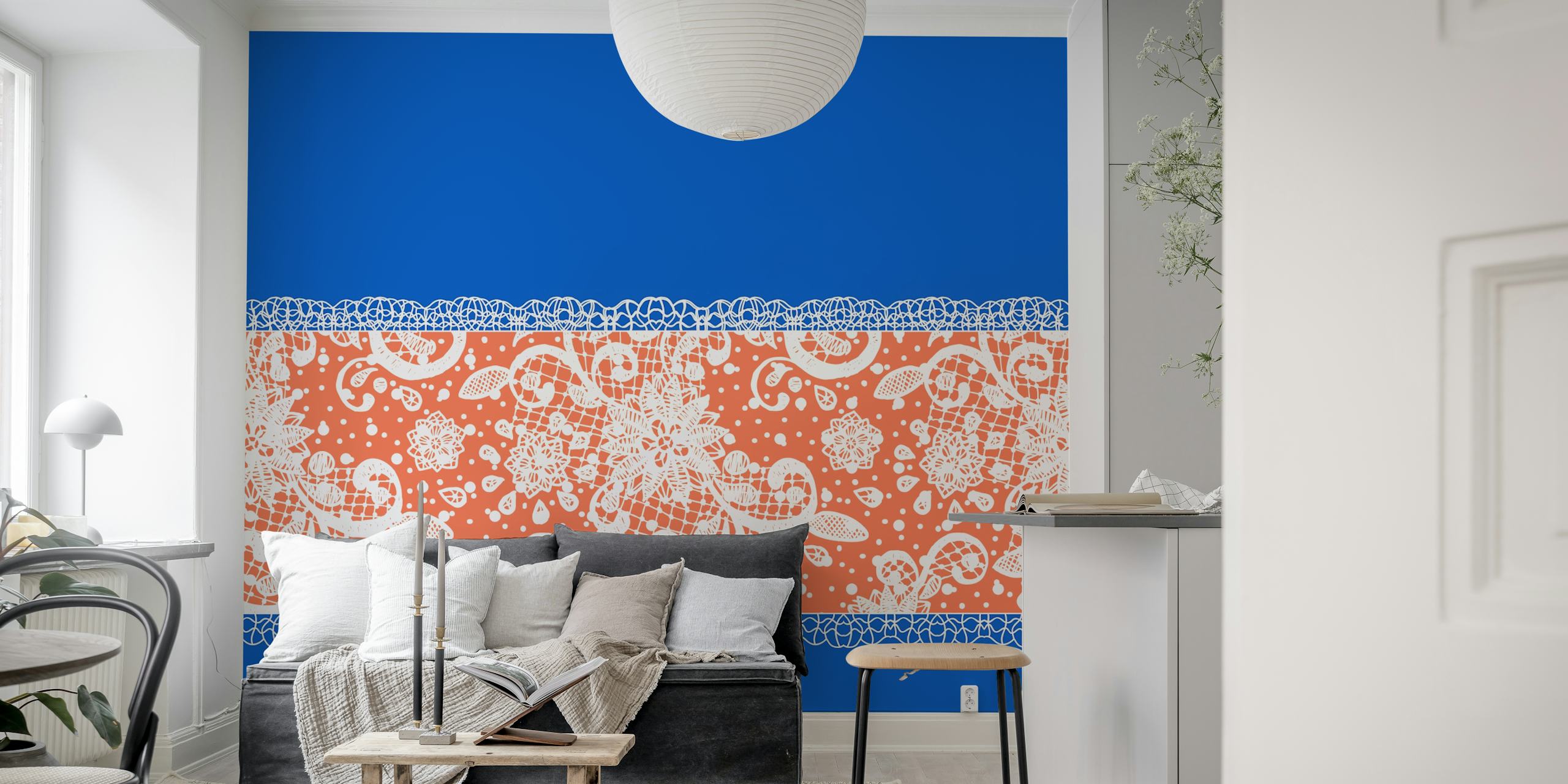 Blue white orange lace tapetti huoneessa