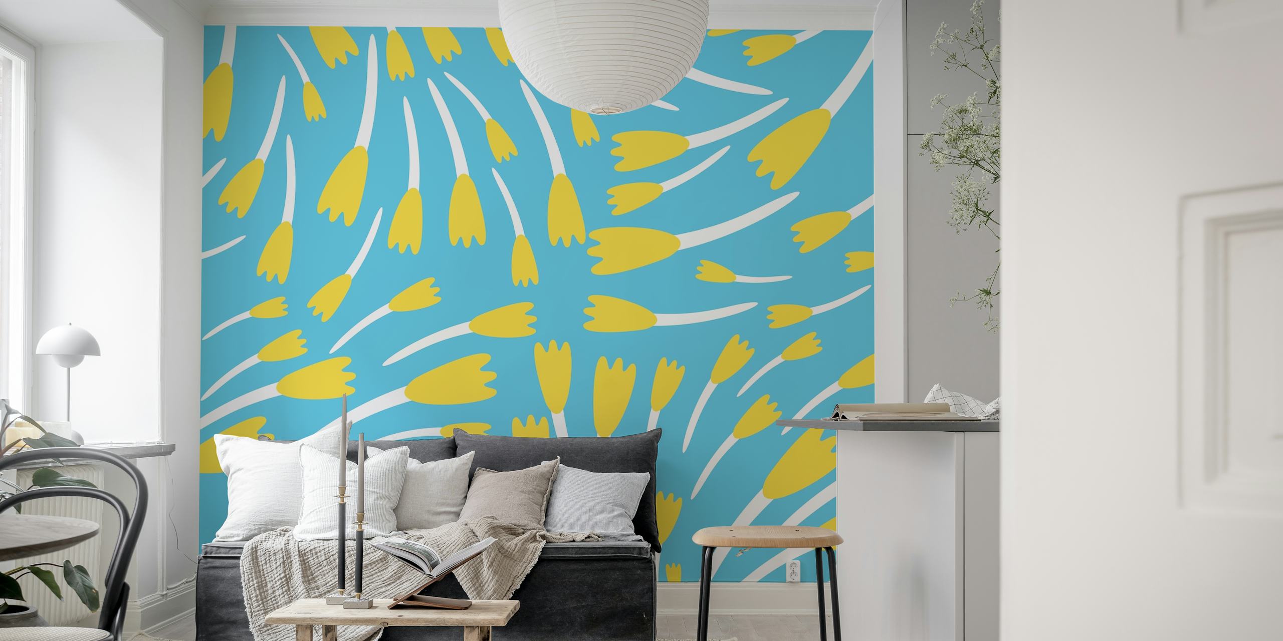 Sky blue ταπετσαρία με yellow tulips σχέδιο