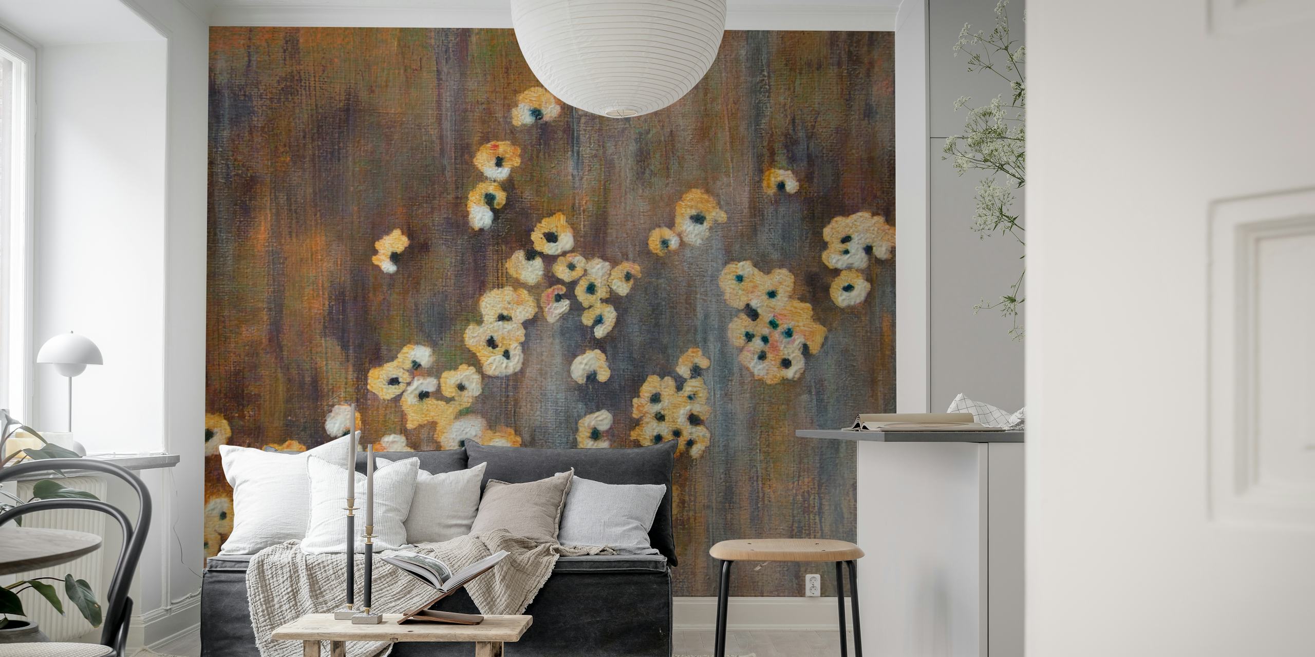 Wild flowers in cream, yellow and brown tones wallpaper