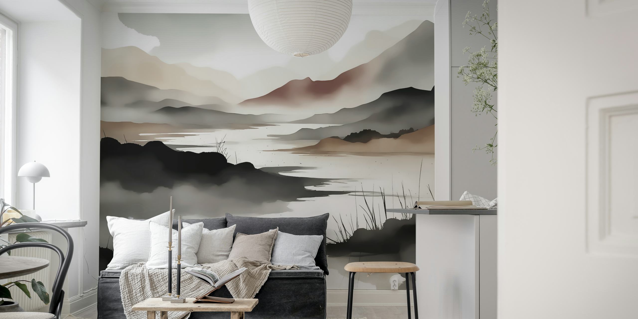 A peaceful Scandinavian-inspired watercolor mural featuring mountains and a lake in muted tones.