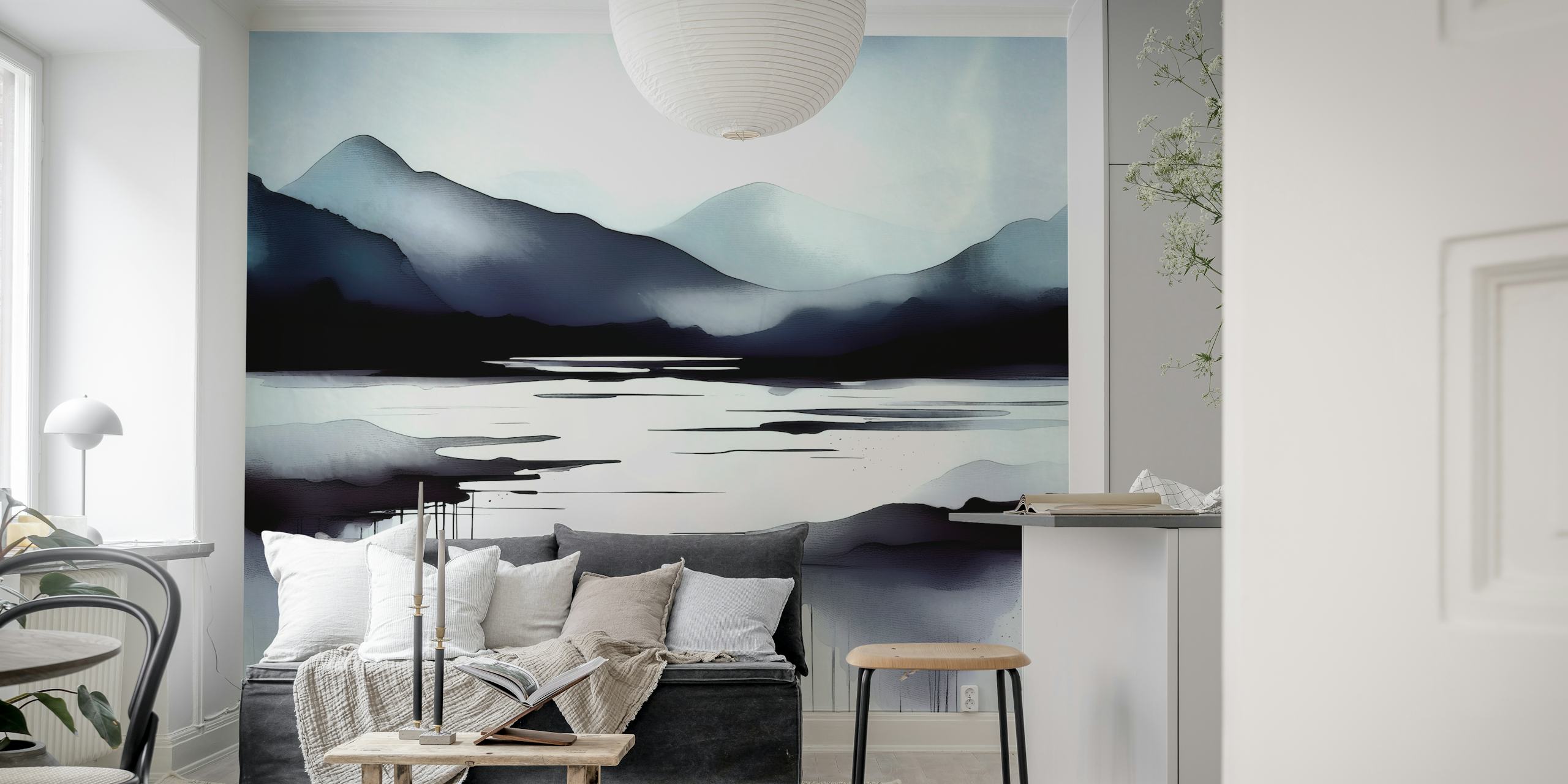 Inky landscape with mountains and reflective water in shades of blue and gray wallpaper