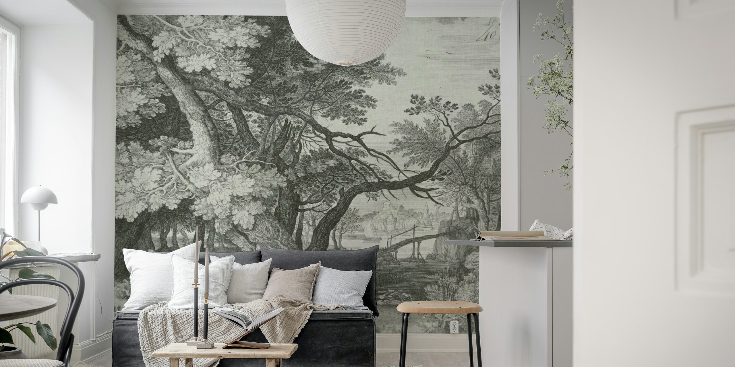 Landscape with tree, etching wallpaper
