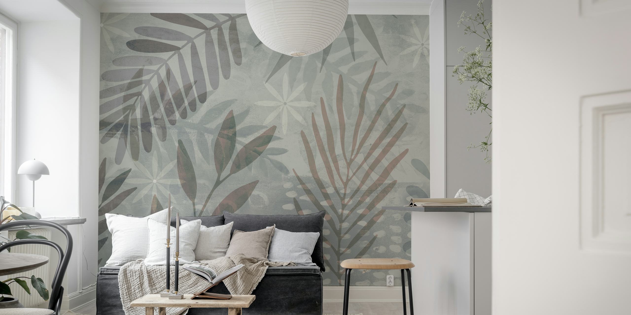 Palm Leaf Collage Mix Grey Brown wallpaper in a room