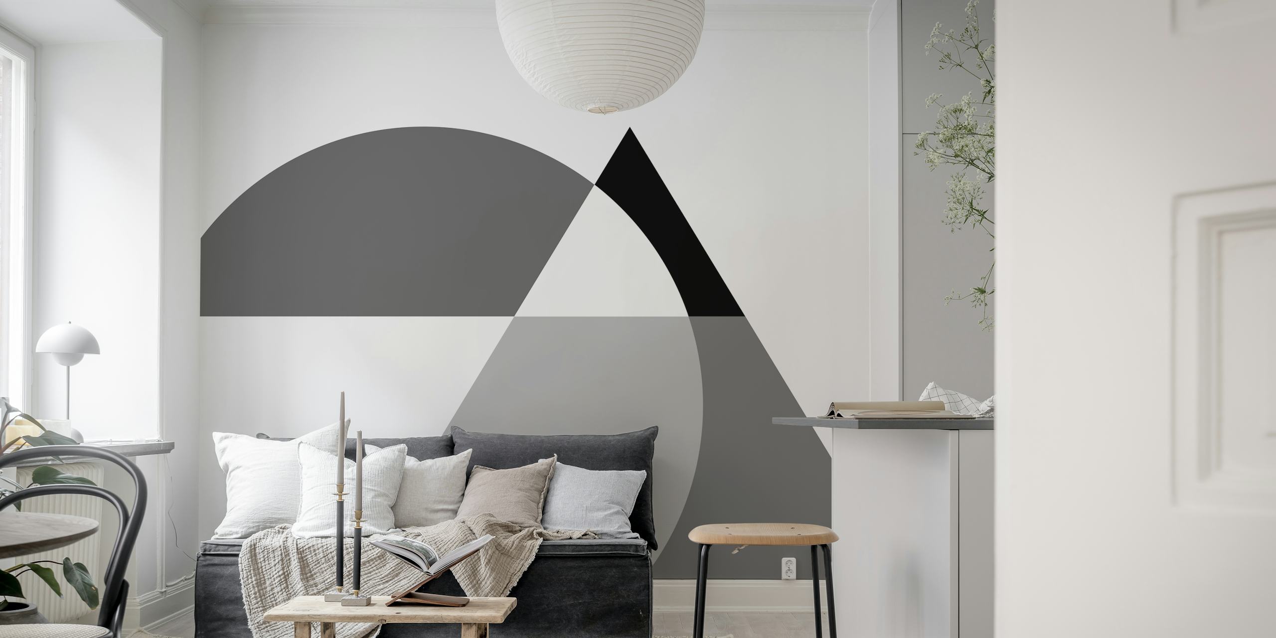 Black and white geometric abstract wallpaper in a room