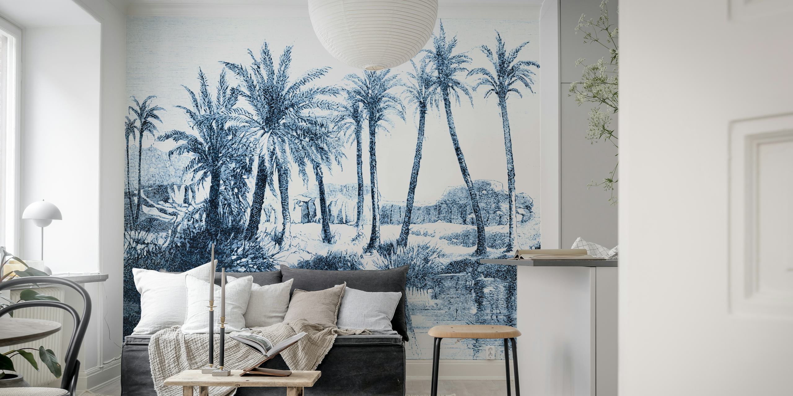 Blue vintage palm landscape wallpaper in a room
