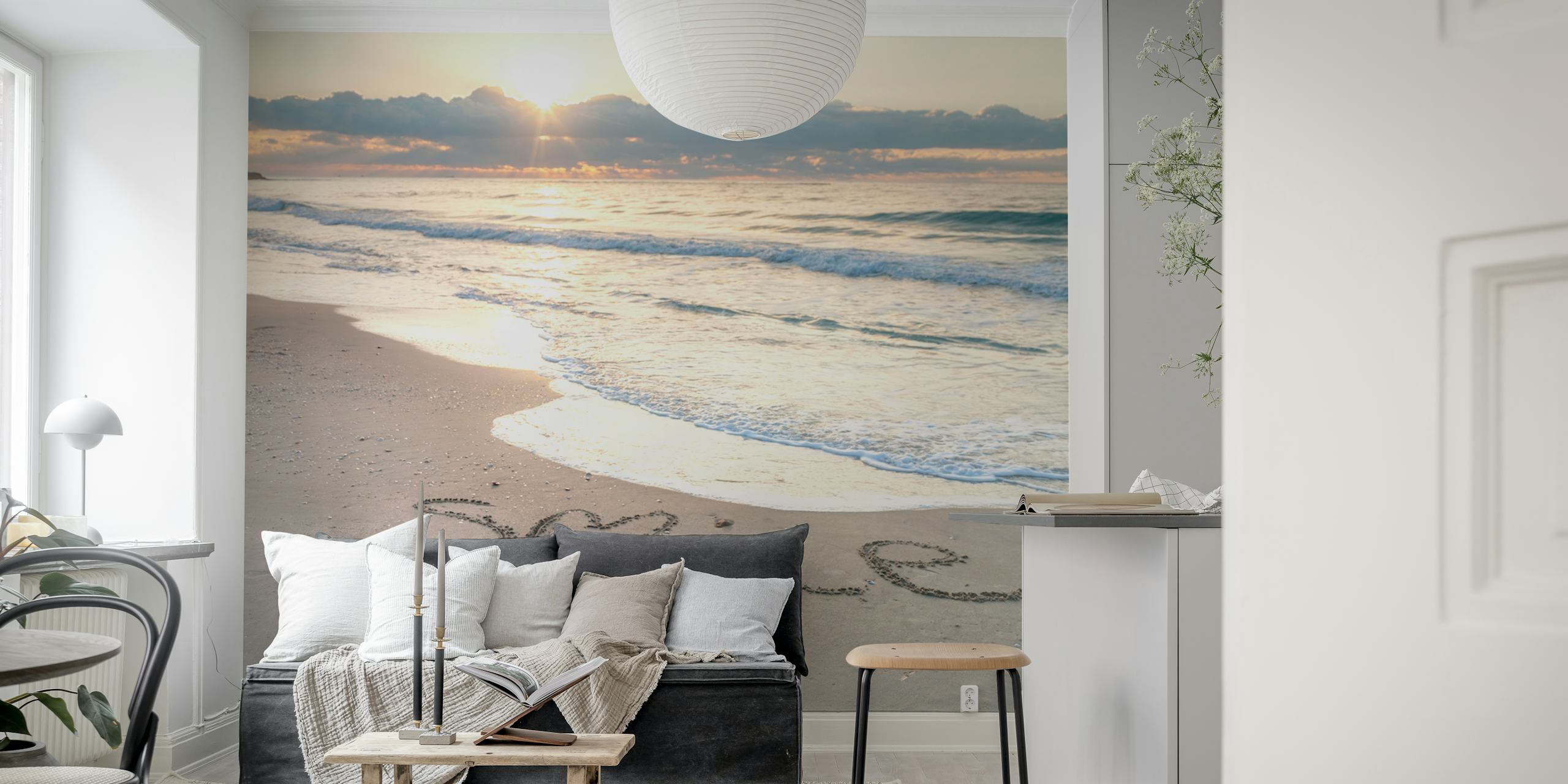 Seaside sunrise with smile written in the sand on happywall.com